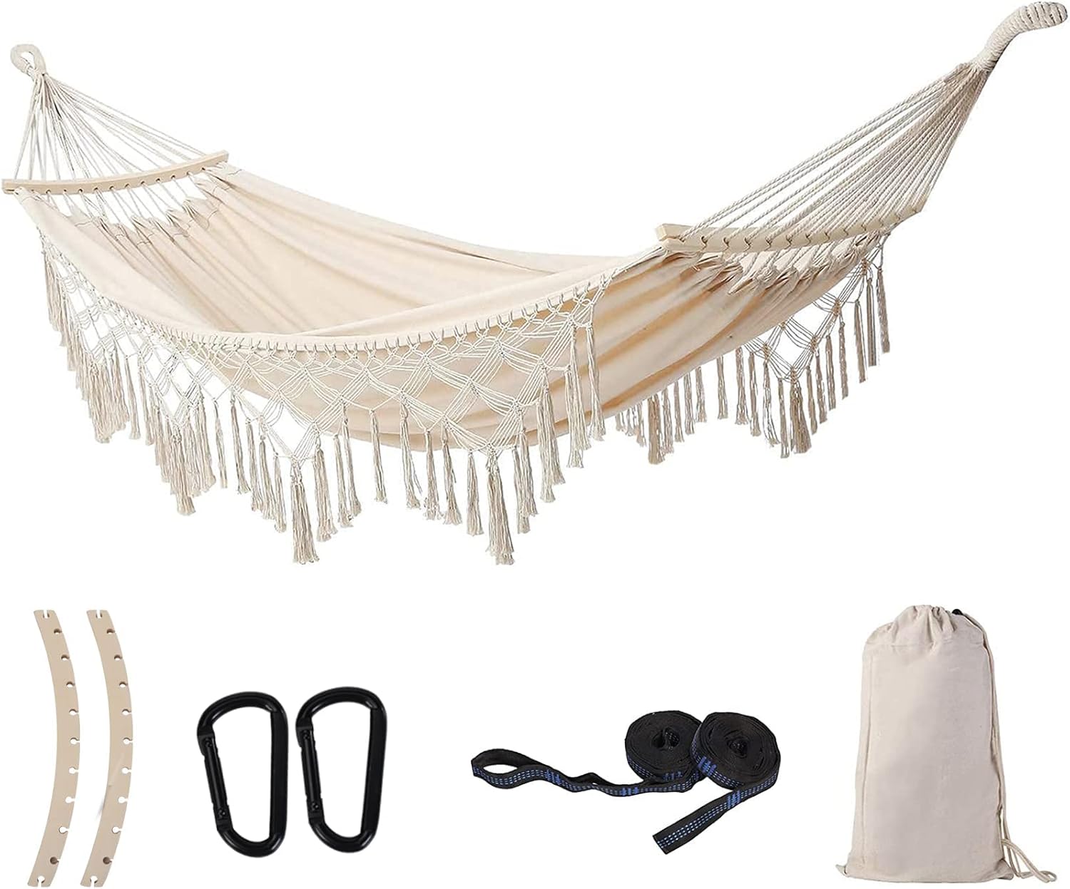 ​Boho Double Hammock for 2 Person - Portable with Carry Bag, Indoor/Outdoor Use for Patio, Beach, Camping (Beige)​