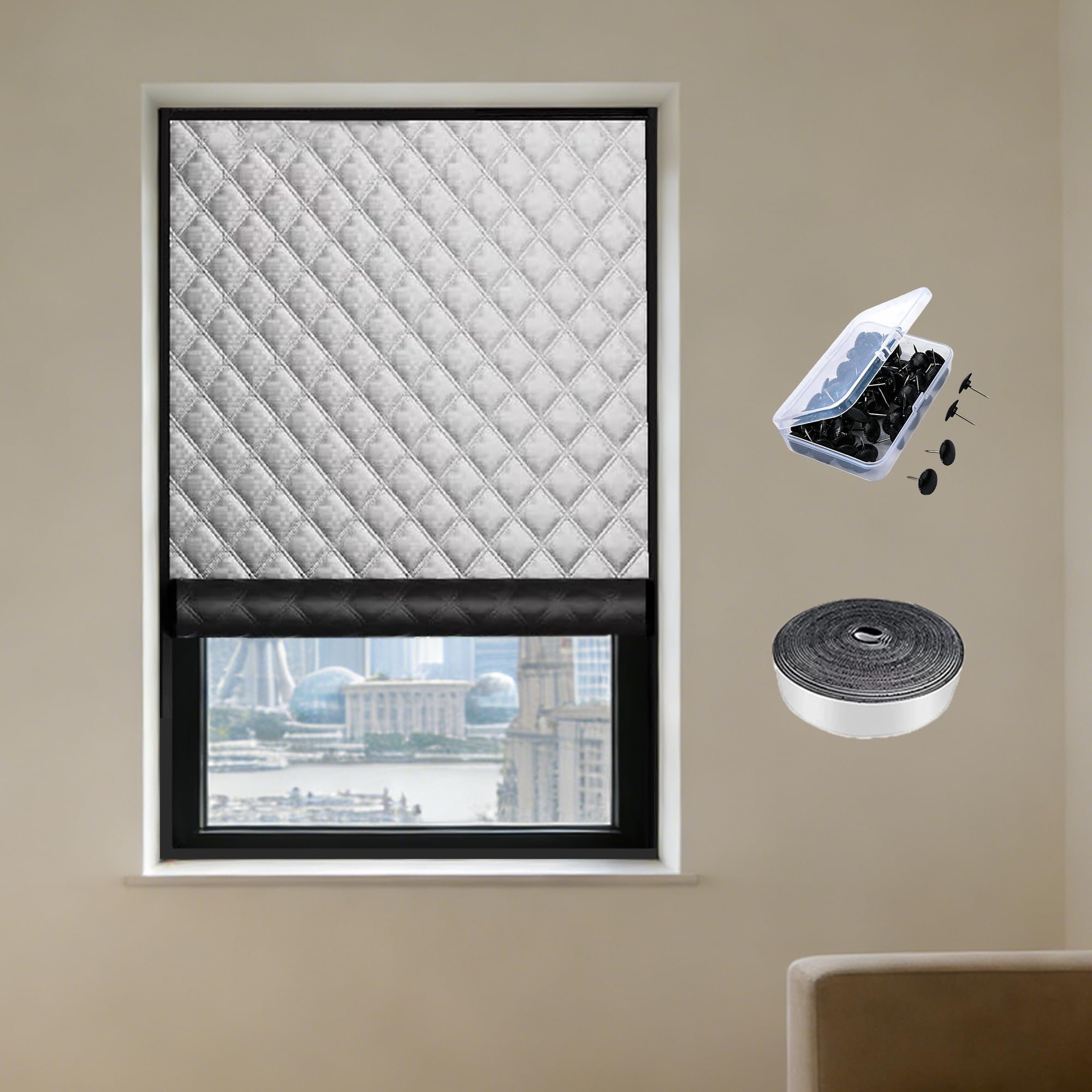 Fensterisolierungsset 134 x 660 cm Oxford Gewebe Dick Baumwollfüllung Hitzeschutz Thermo Cover Fenster Winters Einfache Montage Ohne Bohren für Balkontür Terrassentür, Silber