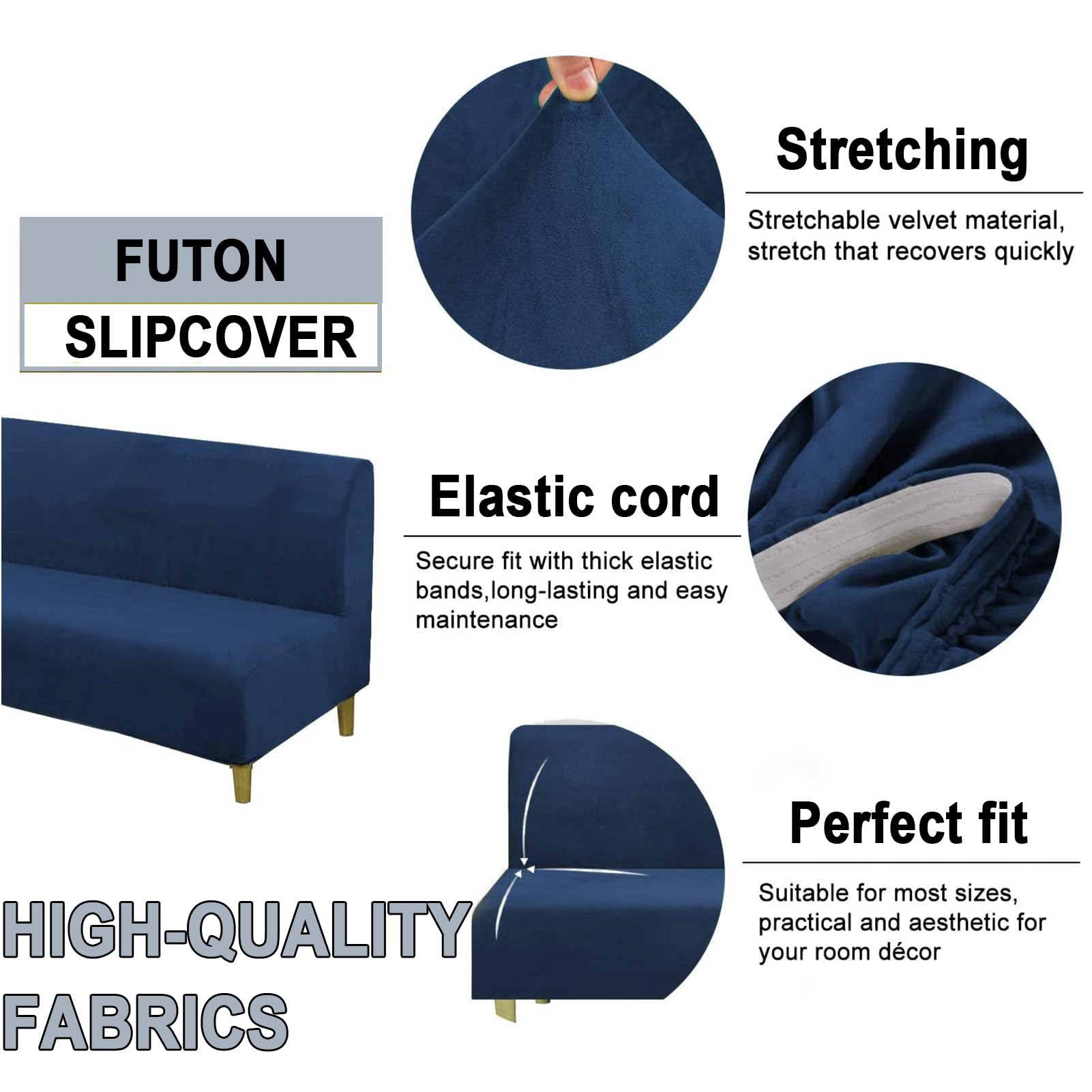 Sofá Cama sin Reposabrazos | Funda Elástica de Terciopelo | Protector Antideslizante y Lavable | con Ajuste Universal y Compatibilidad Plena (Azul Marino)