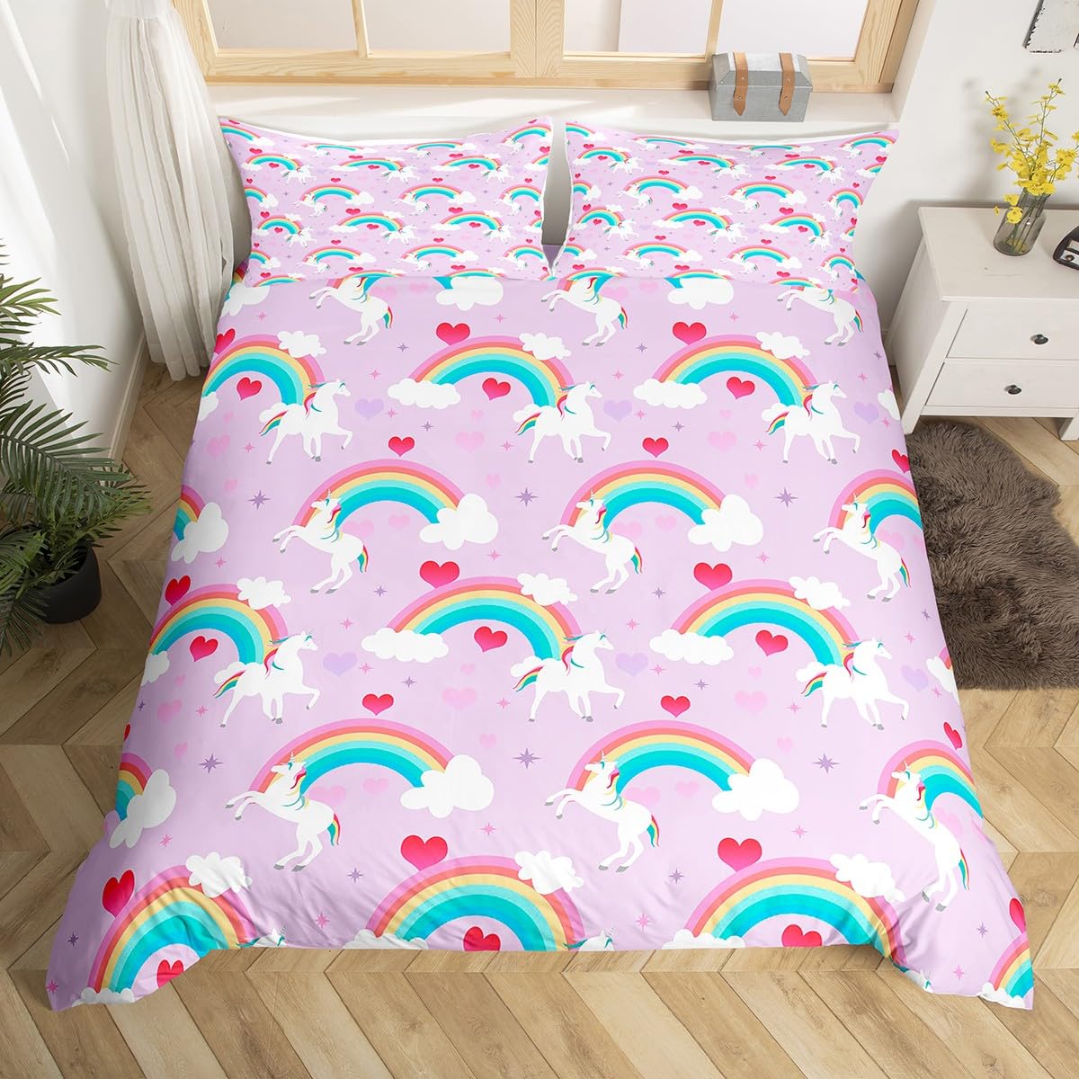 Homemissing Rainbow Unicorn Duvet Cover Set Single Size For Kids Boys Girls Teens Cute Animal Unicorn PurpleBedding Set Love Heart Star Print Duvet Cover with 1 Pillowcase โ image 1