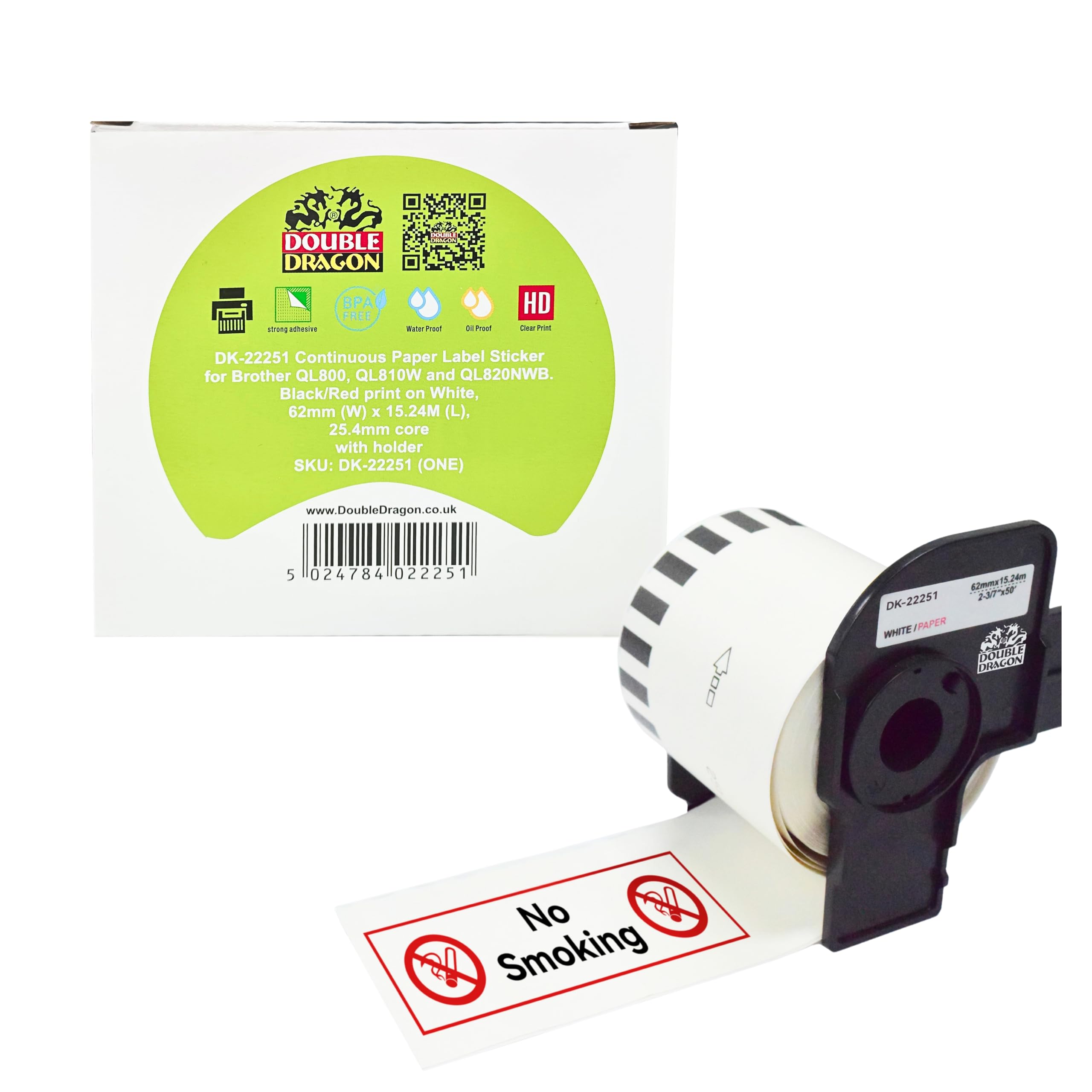 Double Dragon DK-22251 Endlosetikettenrolle, 62mm(B) x 15,24m(L) | Rot- und Schwarzdruck auf Weiß | Kompatibel mit Brother P-Touch QL-800, QL-810W, QL-820NWB | Inklusive Halter