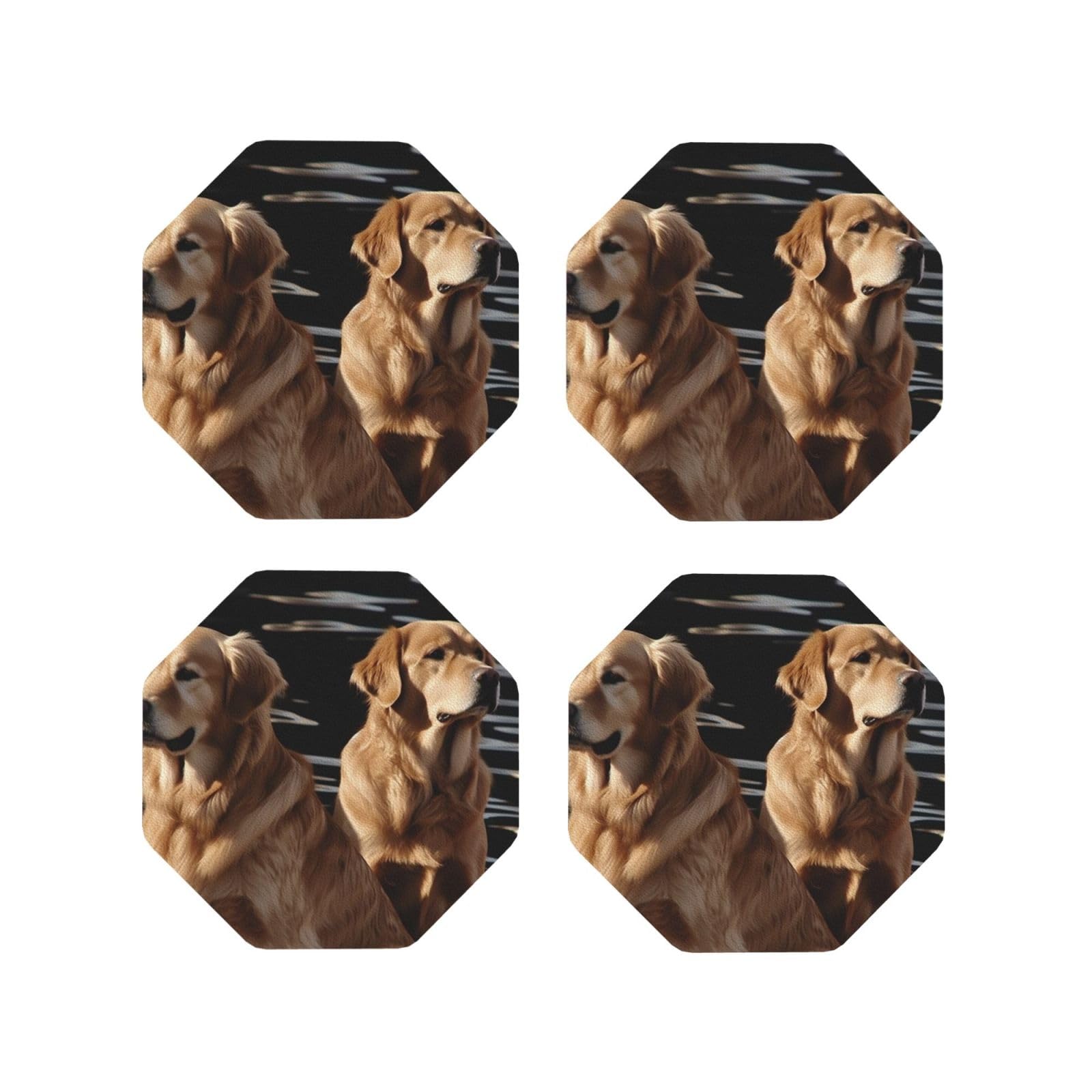 4Pcs PU Leather Coaster for Drinks, Golden Retrievers Cup Coastersr 4" Cup Mat Pad, Aesthetic Drink Coasters for Coffee Table, Octagon Coaster for Tabletop Protection