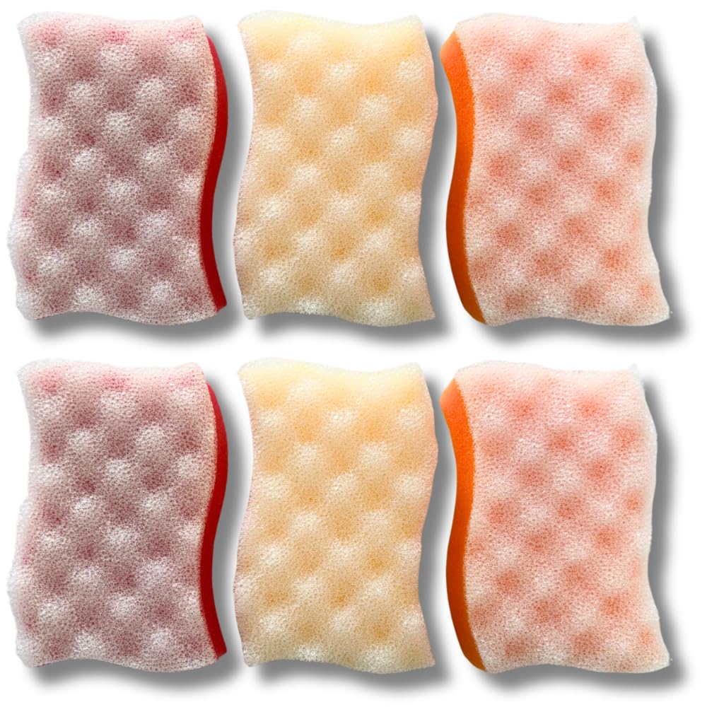 Exfoliating Bath Sponges – 6 Pack (2×3) Double-Sided Body Wash & Massage Sponge for Adults & Kids, Mixed Colours – Bath & Shower Exfoliator & Scrubber