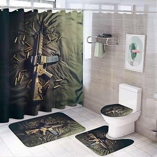 Ar15 Military Lover 4 Pcs Bathroom Shower Curtain Set,Bathroom Sets with Rugs (Bath Mat,U Shape and Toilet Lid Cover Mat), Bathroom Decor Set