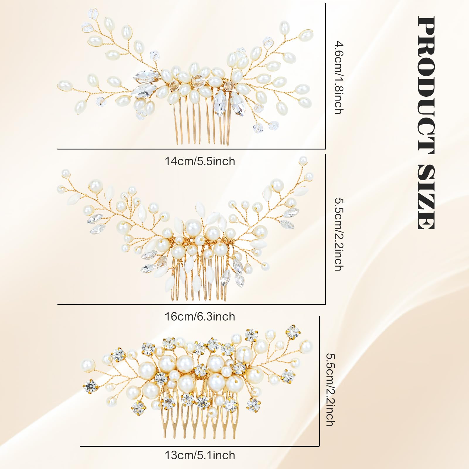 Dizila 3 Pieces Gold Metal Glitter Rhinestone Pearl Party Prom Wedding Bridal Hair Side Combs Slides Headpieces for Women Girls Brides Bridesmaids - Image 2