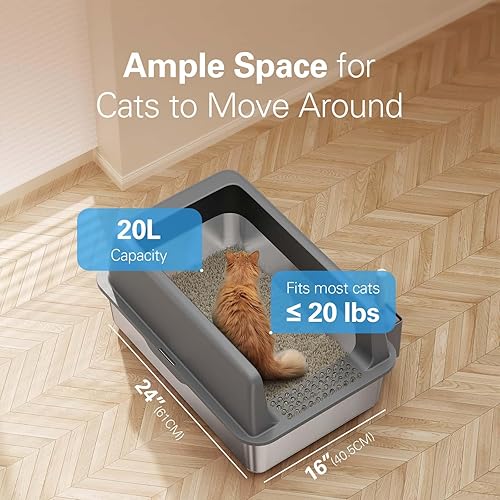 Miniatura 6 de Zarler Caja de arena extra grande de acero inoxidable con tapa, caja de arena de metal XL para gatos grandes, caja de arena de alta cara