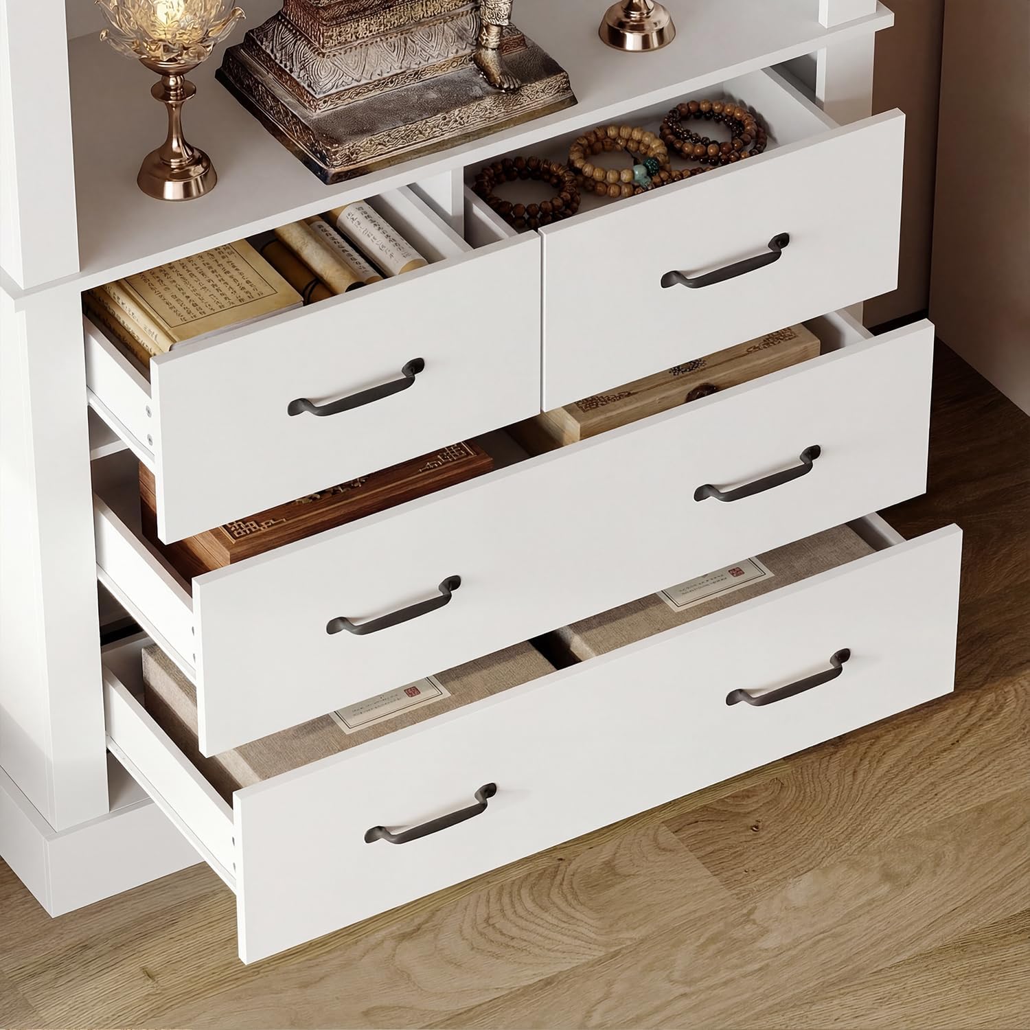 ECACAD Altar Cabinet with 4 Drawers & 3 Shelves, Tall Pooja Altar Table for Home Temple, Modern Buddhist Bookshelf Display Storage Cabinet with Open Shrine Stand, White