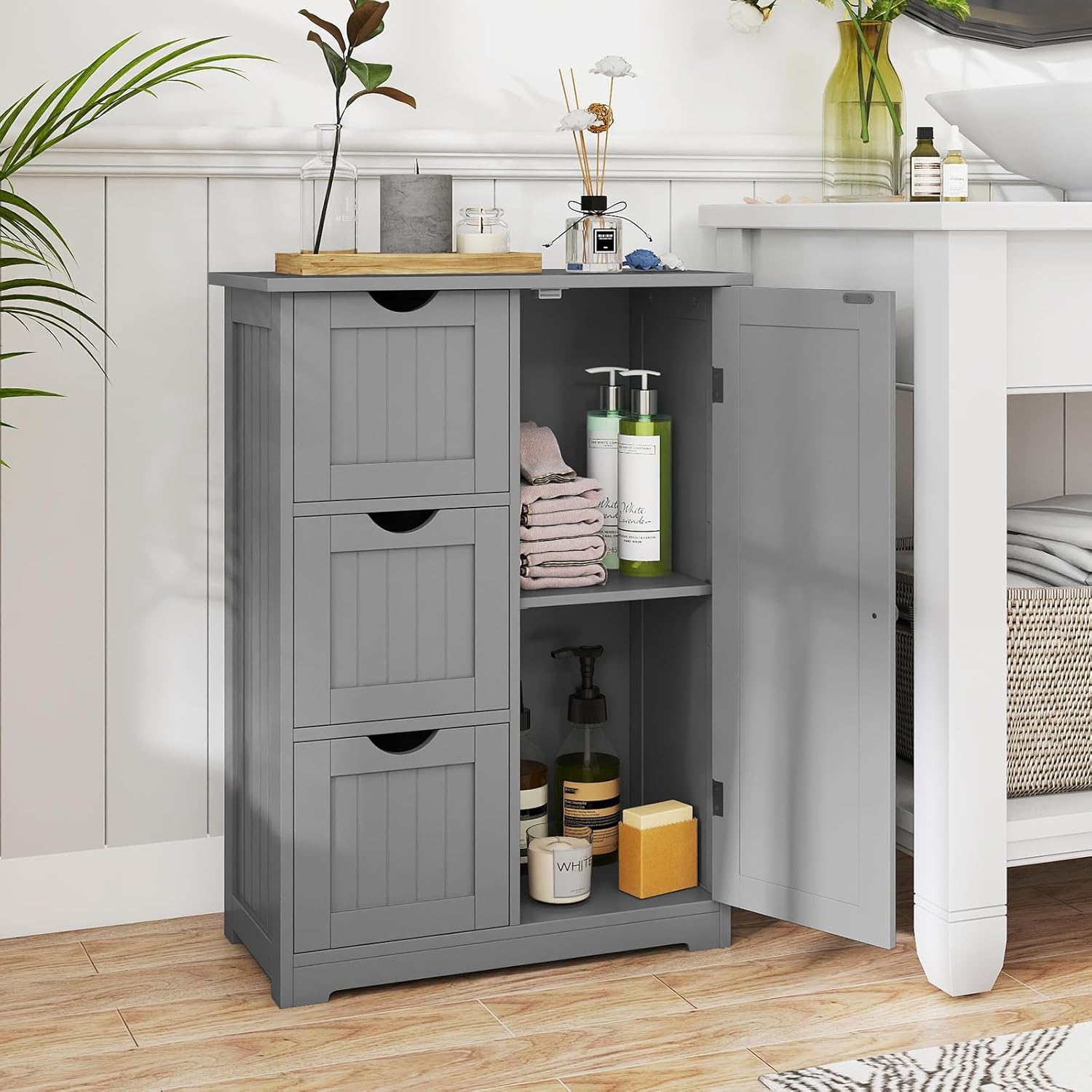 Giantex Bathroom Floor Cabinet, Wooden Storage Cabinet with 1 Door & 3 Drawer, Free Standing Entryway Cupboard, Space Saver Cabinet
