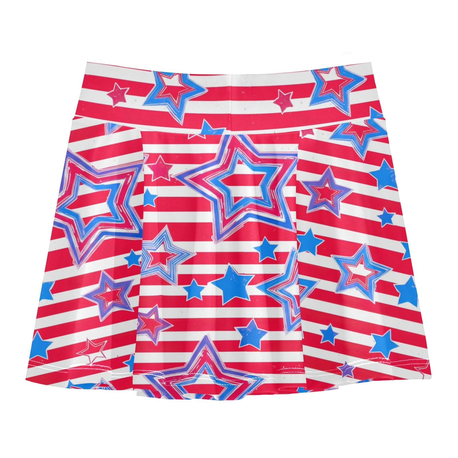 Little Girls High Waisted Athletic Skirts with Shorts Tennis Skirt Skorts for Dance Cheer Red Blue White Stars Stripes Size 11-12