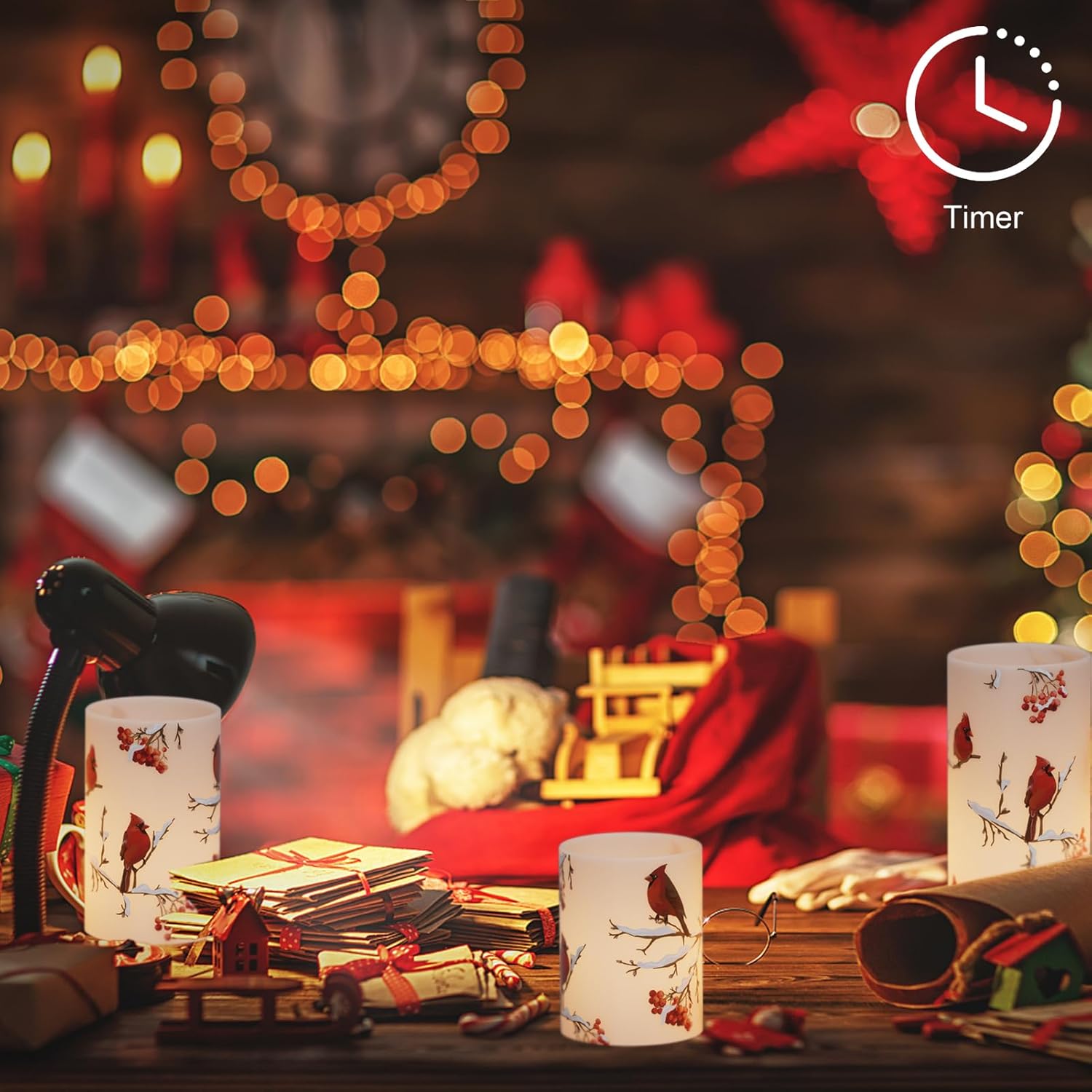 Cardinal Flameless Candles, 3 Pack LED Flickering Pillar Candles with Red Bird Decals, Real Wax Cardinal Home Decor for Halloween Christmas Decor(D3” x H4”5”6”) - Image 6