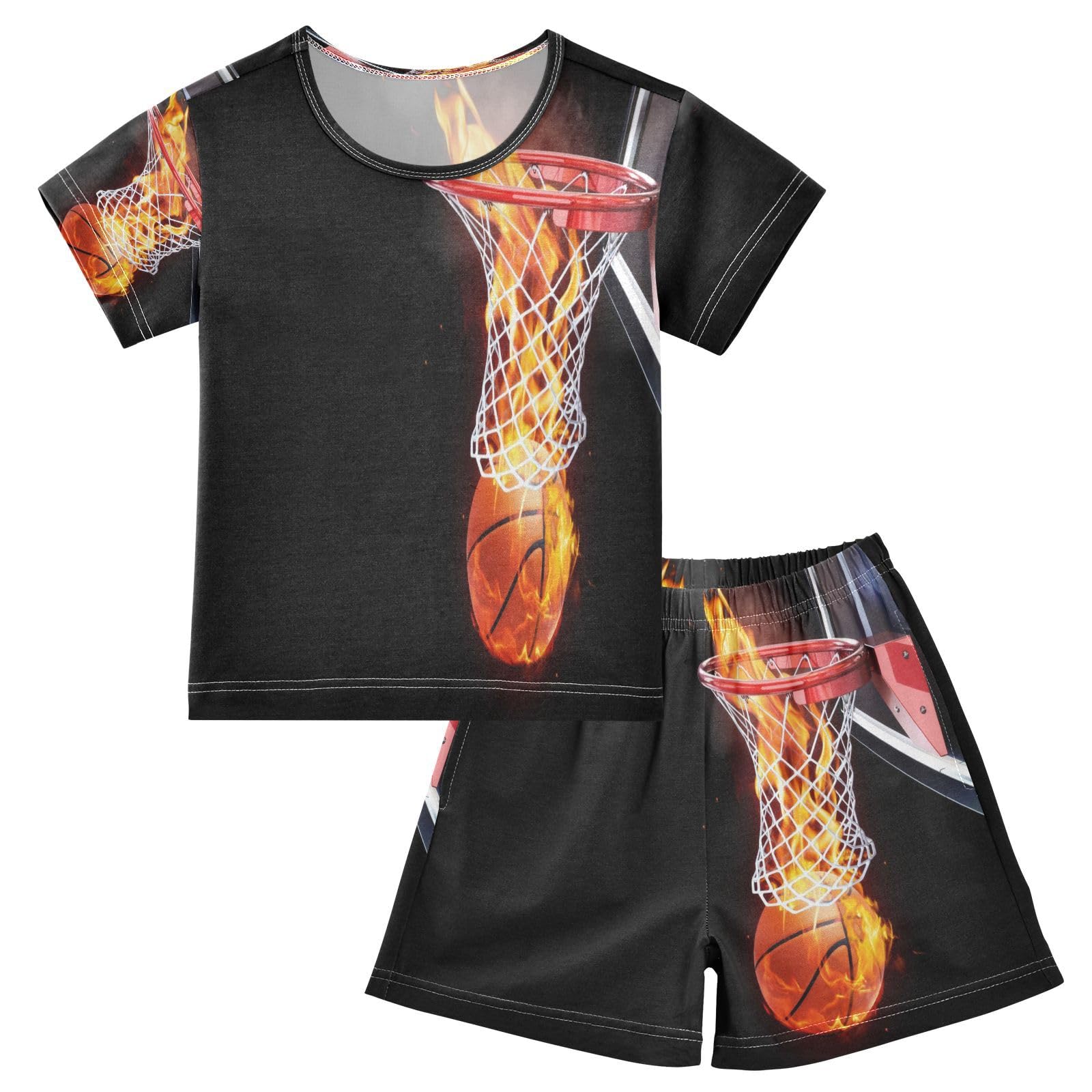 Ensemble de pyjama court pour enfants Flammes Basket Plat Fille Garçon Ensemble de pyjama en coton Ensemble de vêtements de nuit d'été Basketball