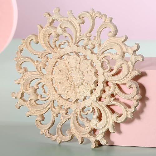 Miniatura 5 de MUXSAM Apliques tallados en madera, incrustaciones decorativas, calcomanías redondas de tallado de madera para puerta, pared, techo, armario,