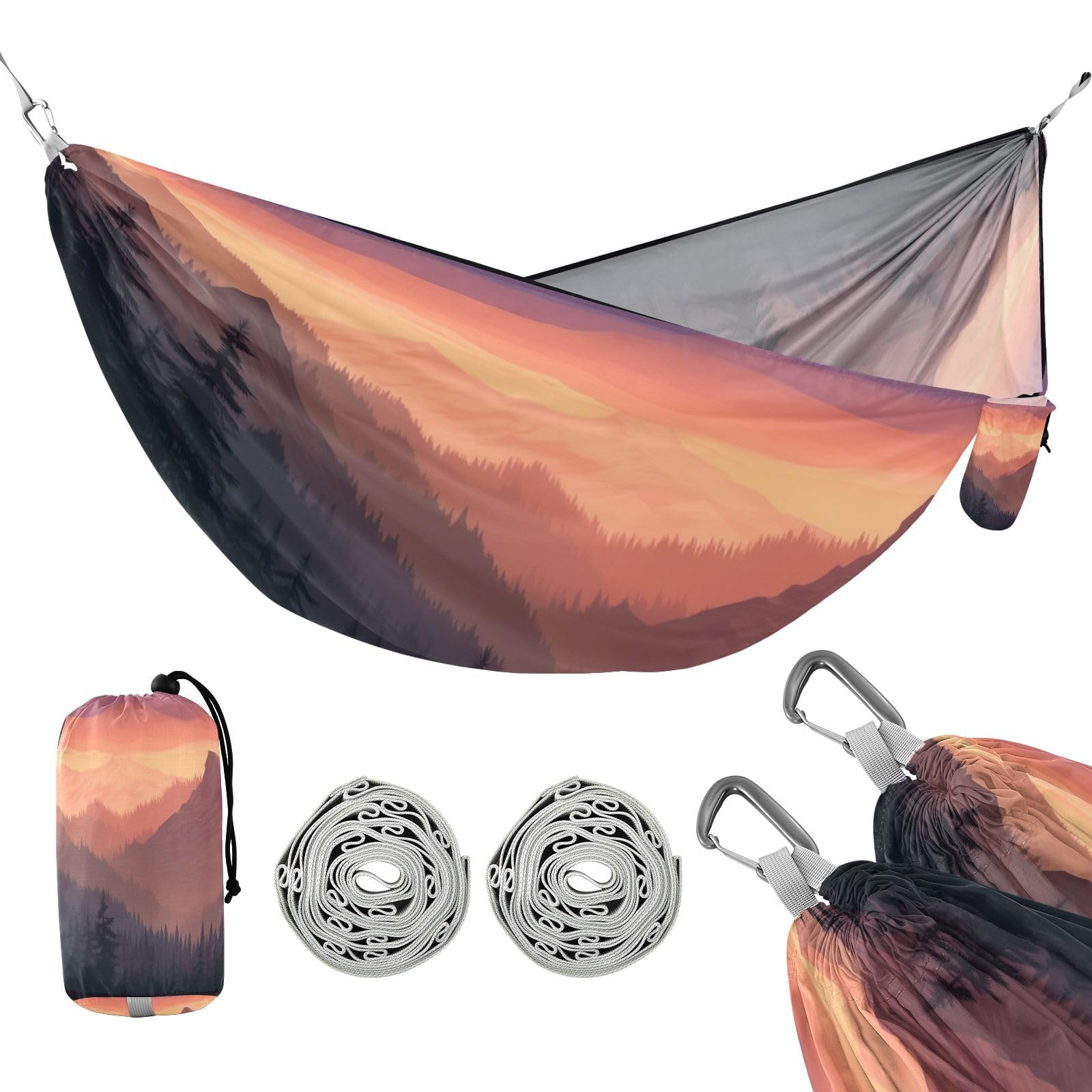 Haskirky Sunset with Mountains Camping Hammock, Single Portable Hammocks with Tree Straps & Attached Carry Bag, 330Lbs Capacity Perfect for Outside Indoor Hiking Beach Backpack Travel