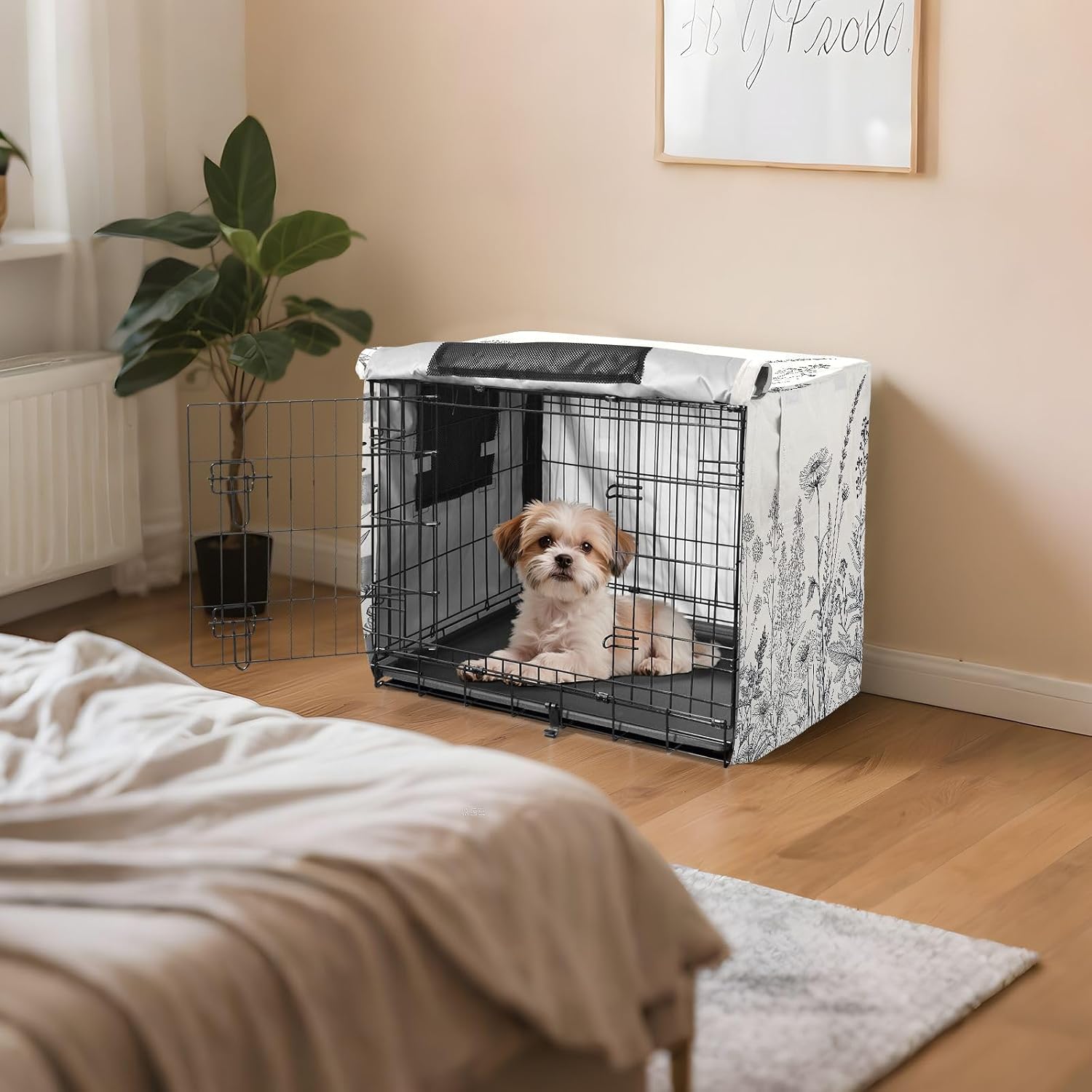 Herbs Wildflowers Dog Crate Cover 600D Oxford Pet Kennel Cover with Mesh Window for Dog Cages, Windproof Waterproof Machine Washable, 48"x30"x33"