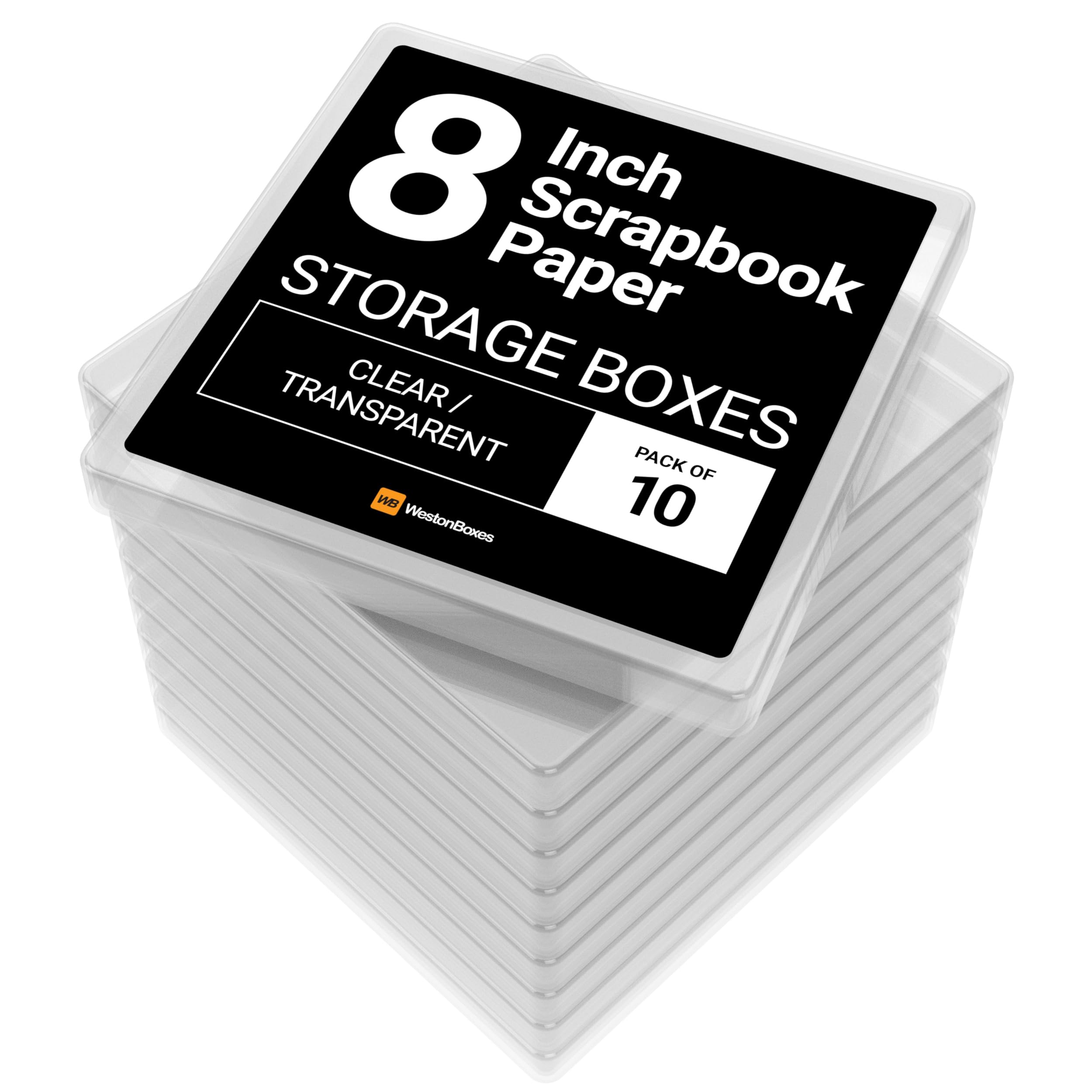 WestonBoxes Scrapbook Paper Pad Storage Box for 8" x 8" inch Card perfect for protecting expensive Origami and Craft Paper (Transparent, 10-pack)