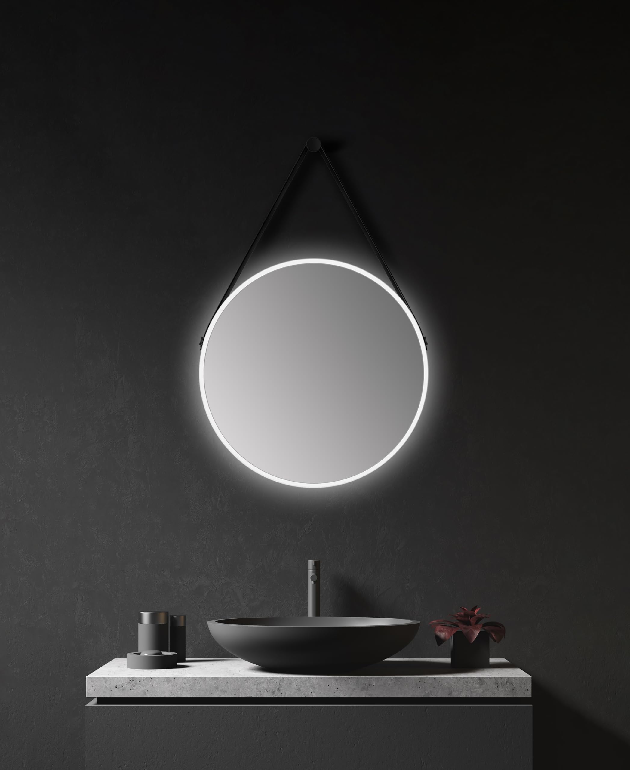 Talos White Light – Runder Badspiegel Ø 50 cm mit austauschbarer LED-Beleuchtung, mattweiß, Aluminiumrahmen