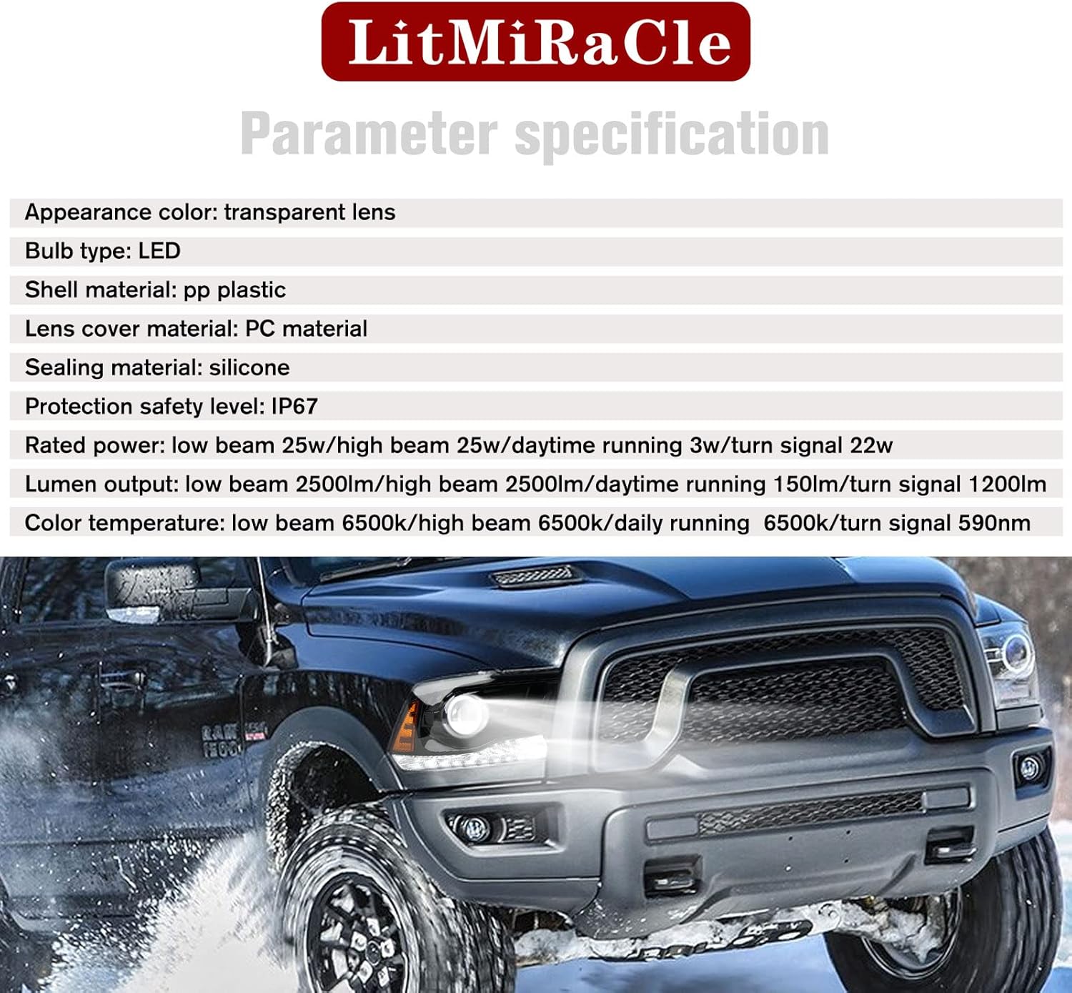 Projection LED Headlight with Turn Signal Light for Dodge Ram 1500 2009-2018 and Dodge Ram 2500/3500 2010-2018(Factory Quad Style Halogen Lights Only), Headlight Assembly 2PCS