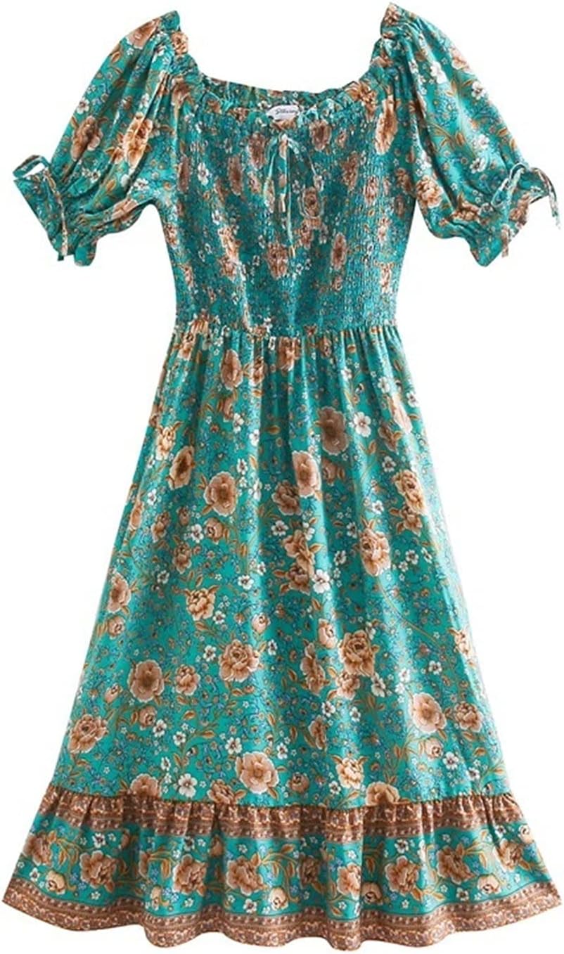 服 ボヘミアル花柄プリント弾性フリルボディスラッシュショルダーボハドレスホリデーレディース半袖ニーレングスドレスビーチ 女性のブラウス シャツ 売り込み Color Size Large Green