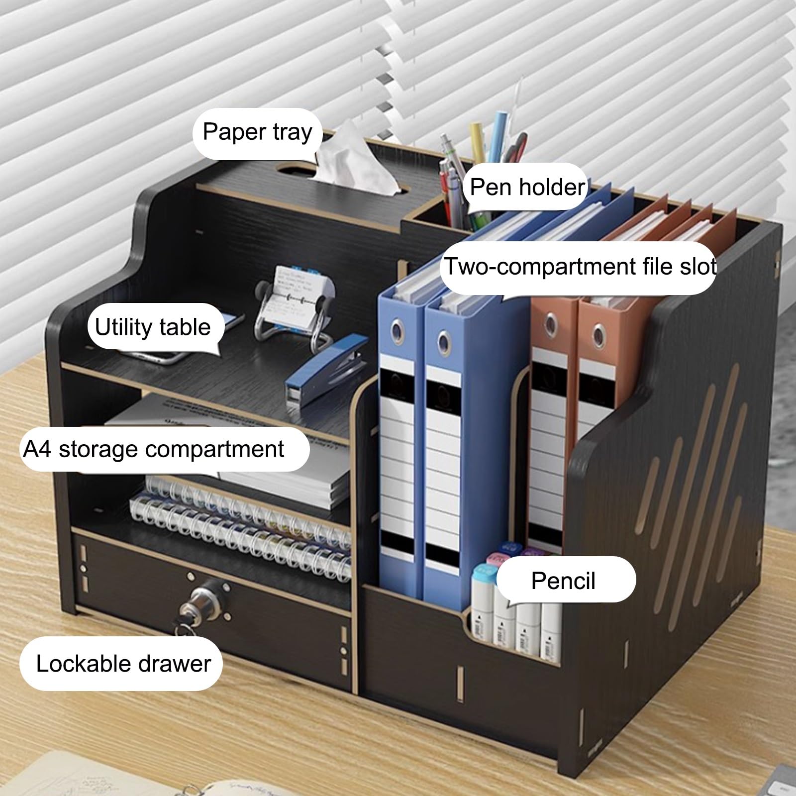 Organizer Scrivania Legno, Multifunzione Organizer da Scrivania, con Scomparti Organizzatore Ufficio, Porta Penne per Scrivania Multifunzione(Light brown)