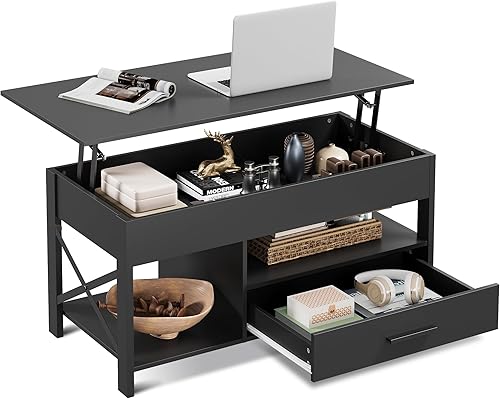 Miniatura 17 de WLIVE Mesa de Centro, Mesa de Centro Elevable de 39 pulgadas con Compartimento Oculto, Cajones de Almacenamiento y Estante de Almacenamiento para
