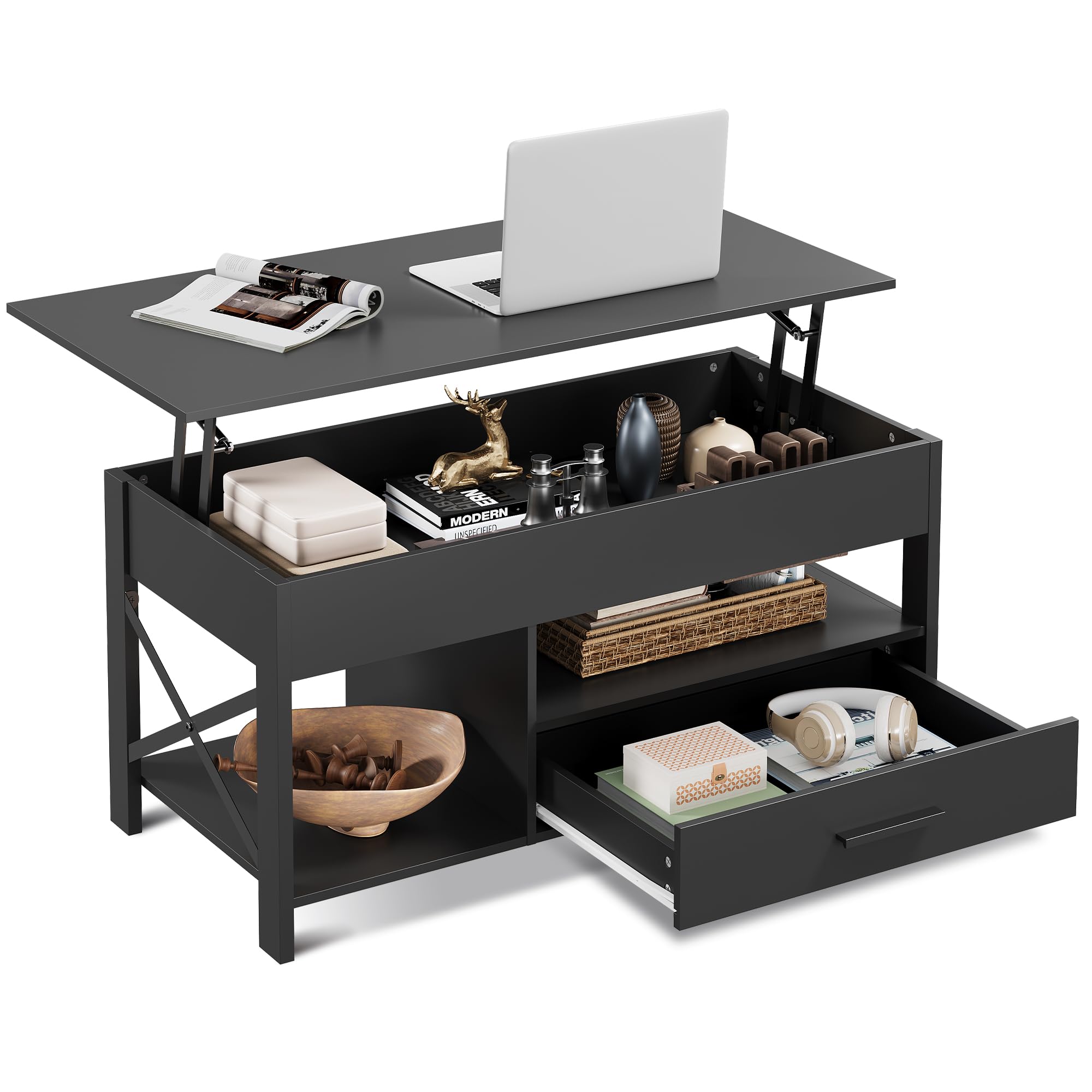 WLIVE Coffee Table, 39" Lift Top Coffee Table with Hidden Compartment, Storage Drawers and Storage Shelf for Living Room, Reception Room, Black
