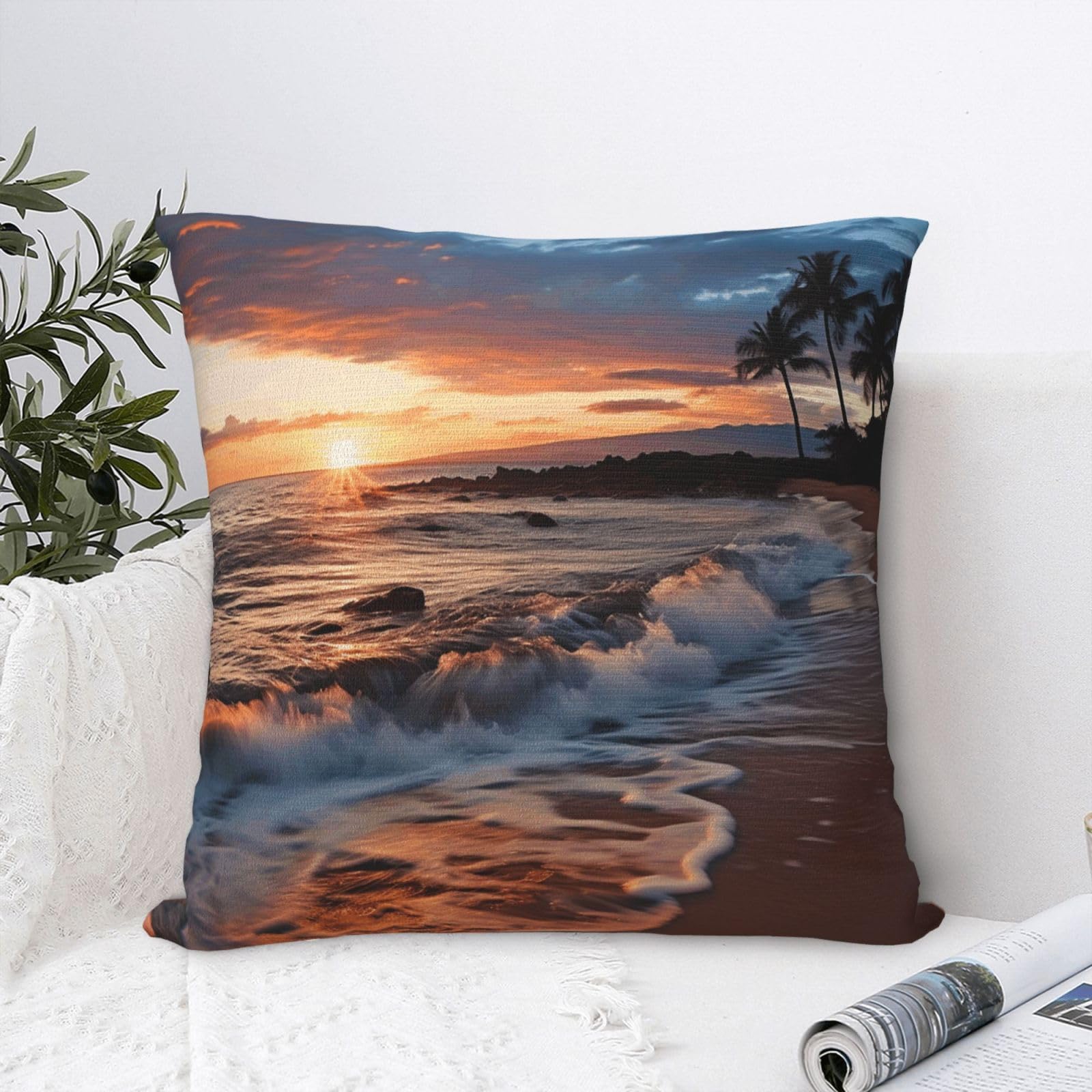 Luxury Velvet Throw Pillow Covers 18"x18" Super Soft Decorative Pillow Cases - Beach Maui Hawaii Sunset Sea Waves Clouds Pillowcases Modern Lumbar Cushion Cases for Couch Sofa Bed Pillow Shams