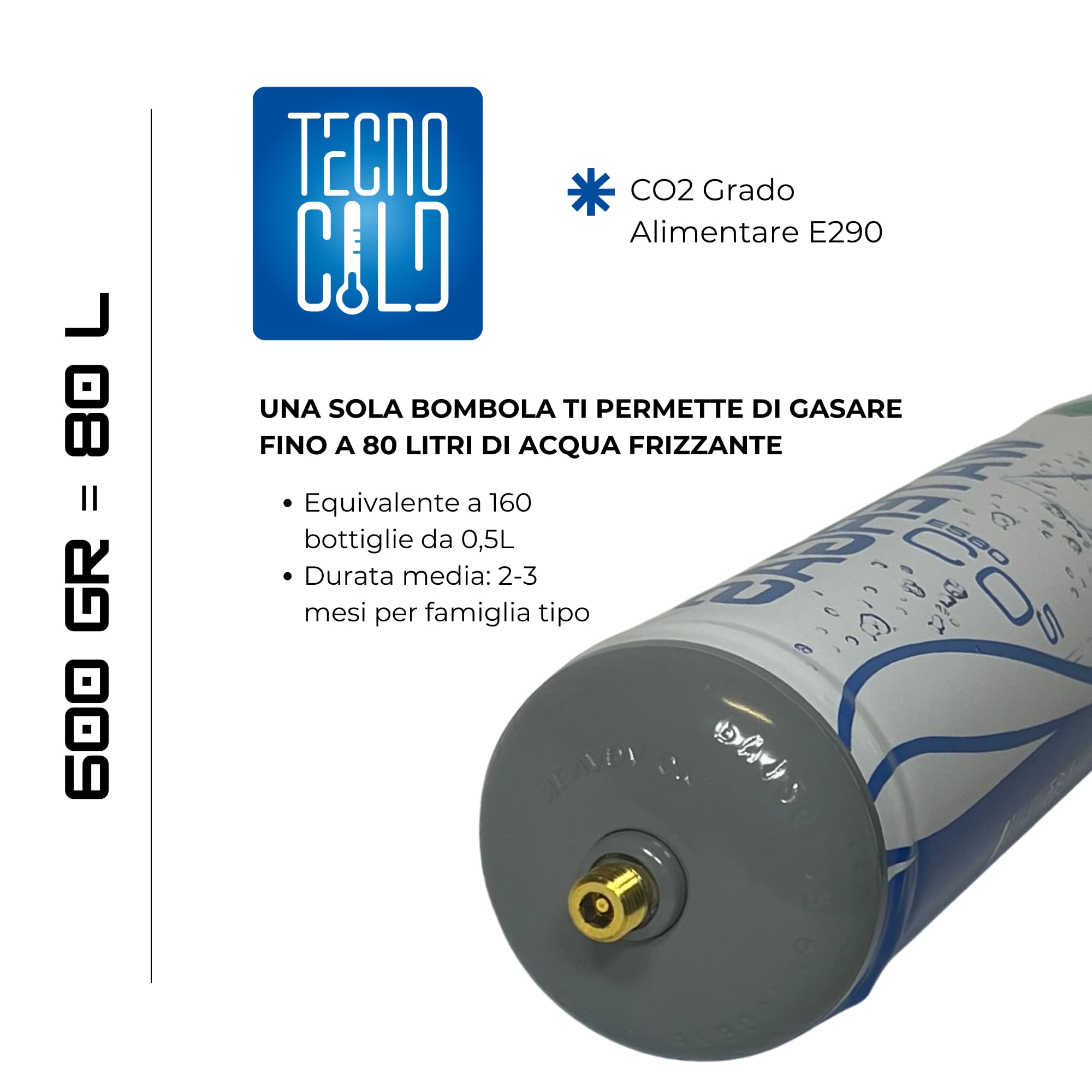 Tecno Cold | Bombola CO2 1300 g Alimentare E290 per Gasatore – CO2 per Acqua Frizzante – Bombole CO2 Monouso M11x1 per Casa e Ufficio