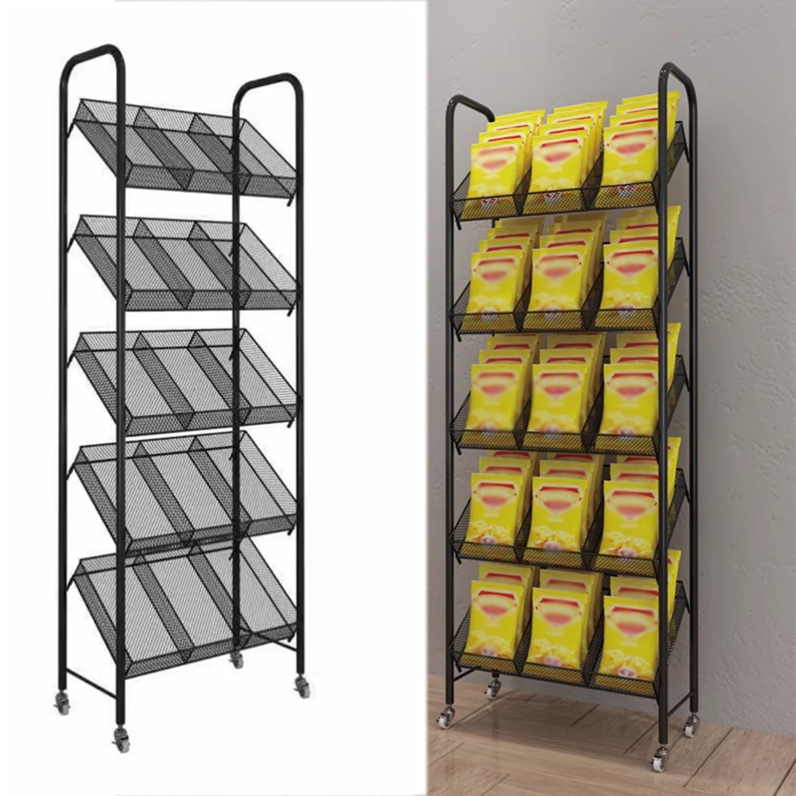METTEOR Supermarket Potato Chip Snack Holders Shelf 5 Layer, Cosmetics Skincare Display Stand, Open Iron Storage Rack,Merchandise Display Shelves (Black 5 layer 55x29x156cm)