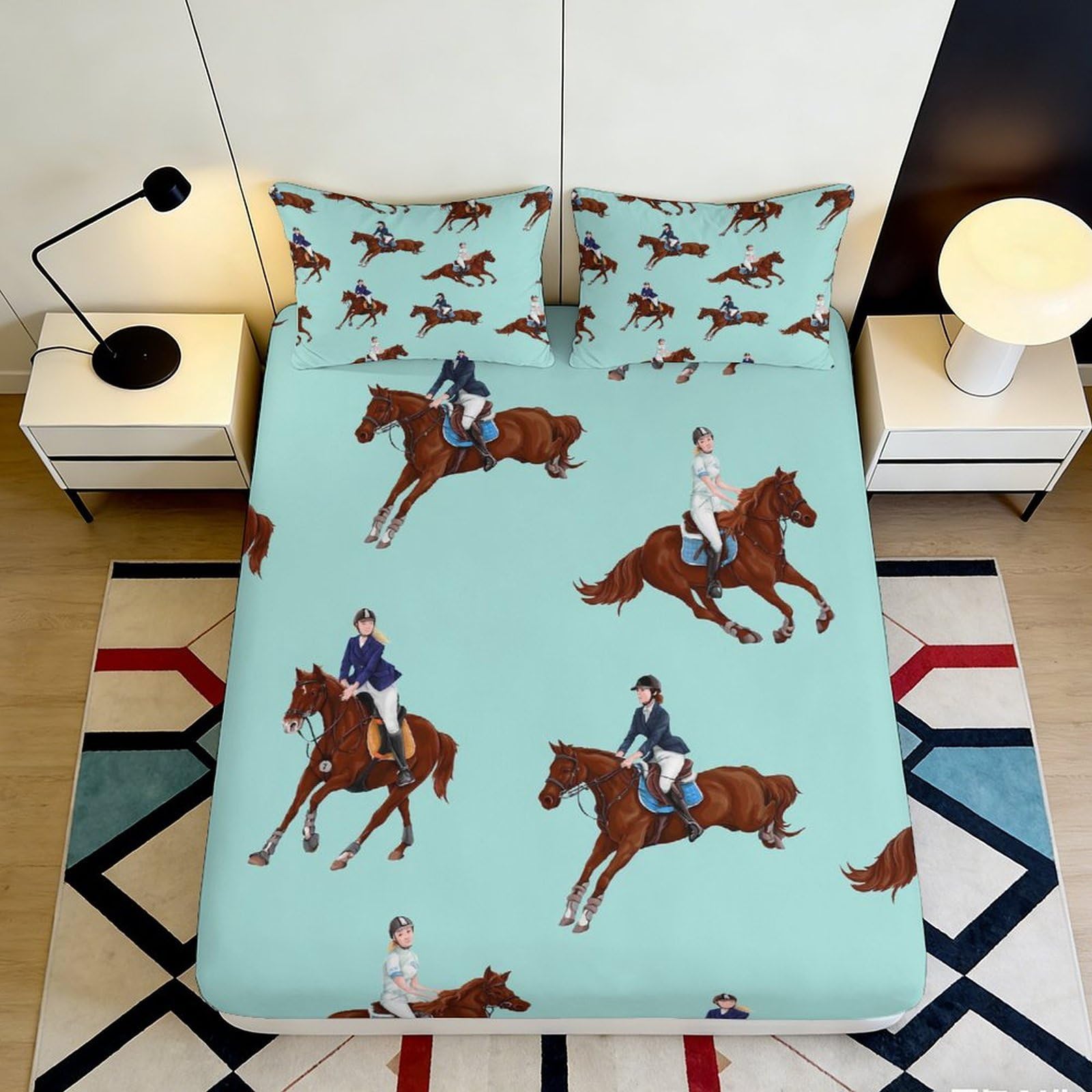 3D Printed Equestrian Horse Fitted Sheet Microfiber Soft Durable Horse Rider Mattress Cover for Bedroom Dormitory Guest Room Bed Protection Decor 140x200x25cm