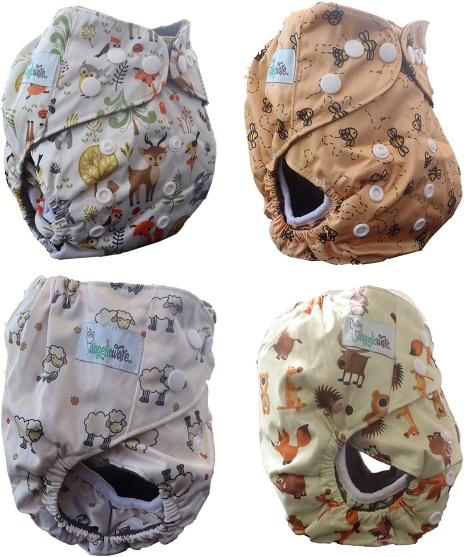 Baby Cloth Diapers all in One Size Set by AngelicWare. Bamboo Cover + 5 Layer Insert - 4 Pack