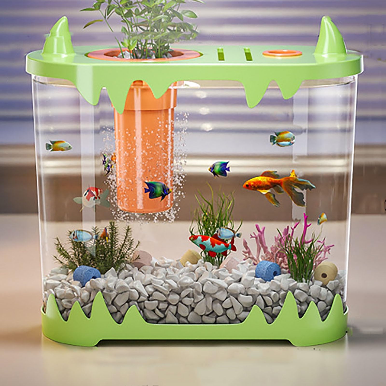 Pequeña Pecera con Filtro, Pecera Pequeña con De Filtro Y Luz LED,Tanque De Pescado De Escritorio con Bomba,decoración para Sala De Estar(Green)