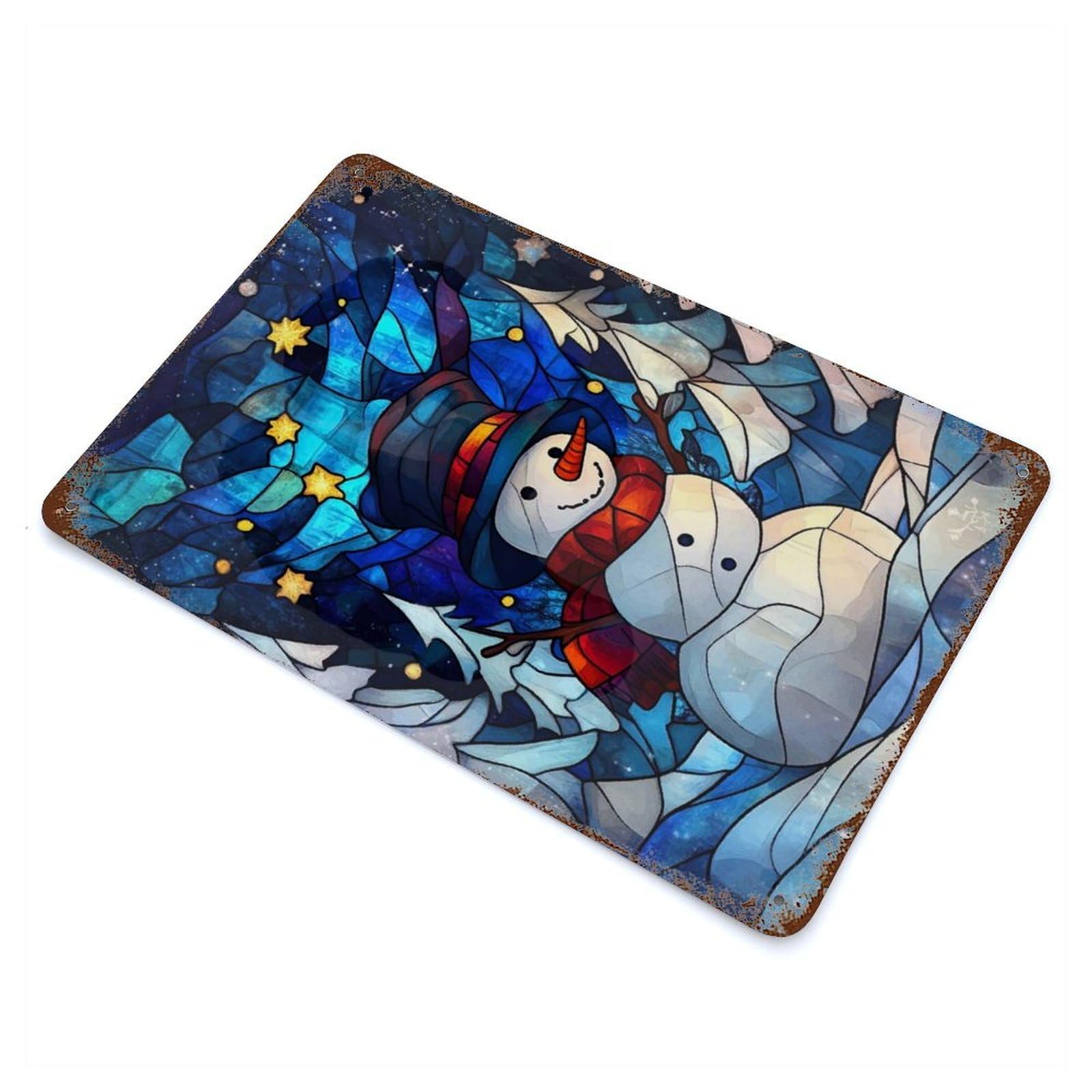Distressed Metal Wall Sign Stained Glass Snowman 11.8"x7.9", Vintage Wall Decor for Garage, Bar And Workshop Decor
