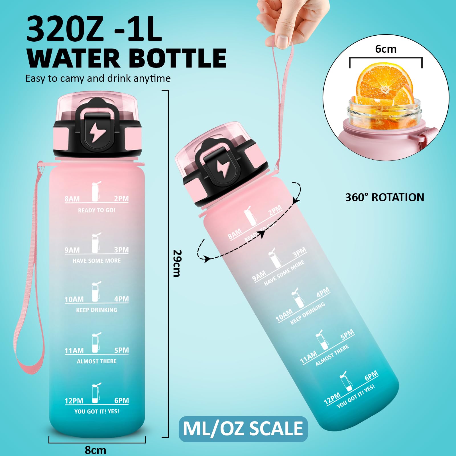 Grsta Borraccia 1 litro, Borracce con Cannuccia, Facile da Pulire, Senza Perdite Borraccia Palestra con Indicatore del Tempo, Bottiglia Motivazionale per Campeggio, Bicicletta, Fitness