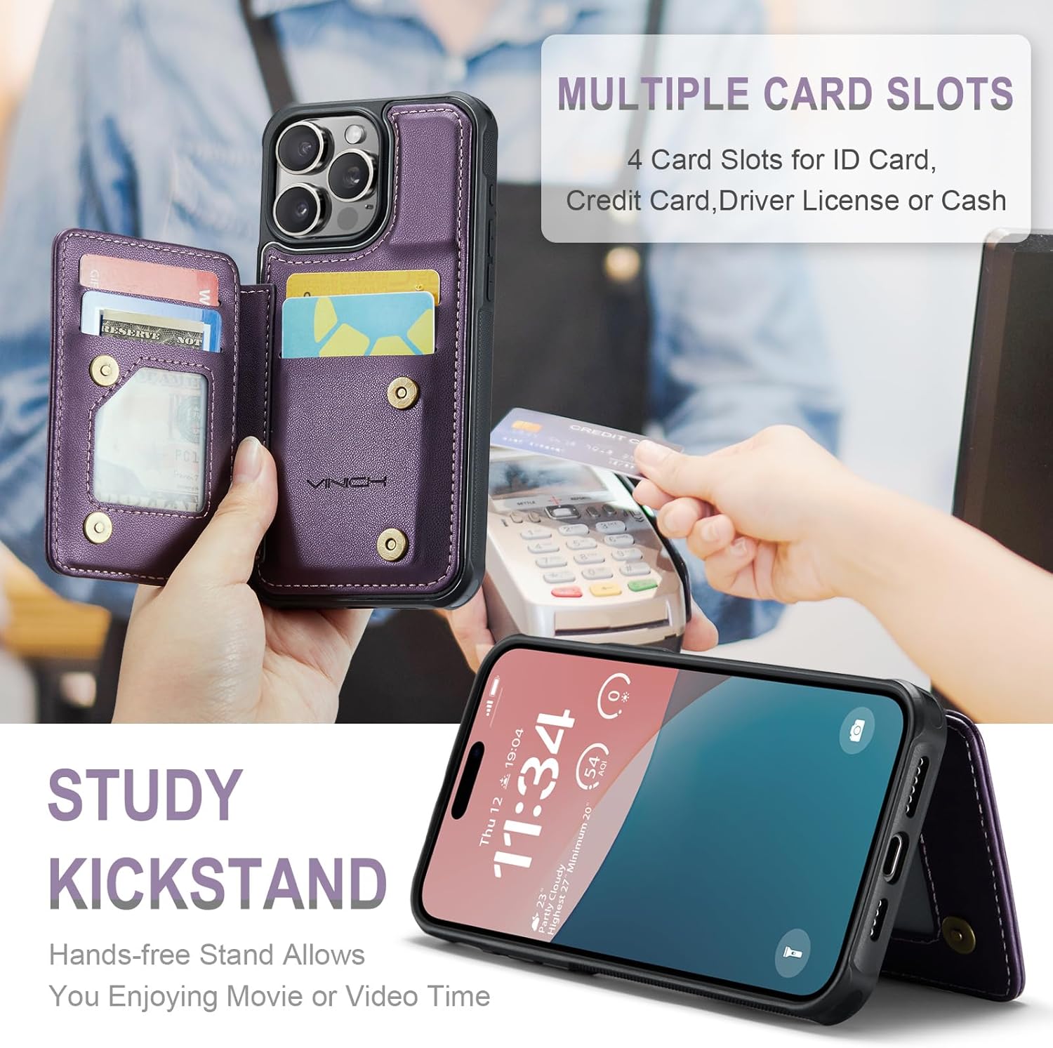 Vinich for iPhone 16 Pro Wallet Case with Card Holder, RFID Blocking Credit Slots Kickstand Shockproof Phone Cover Fit for iPhone 16 Pro 6.3" Purple - Image 6