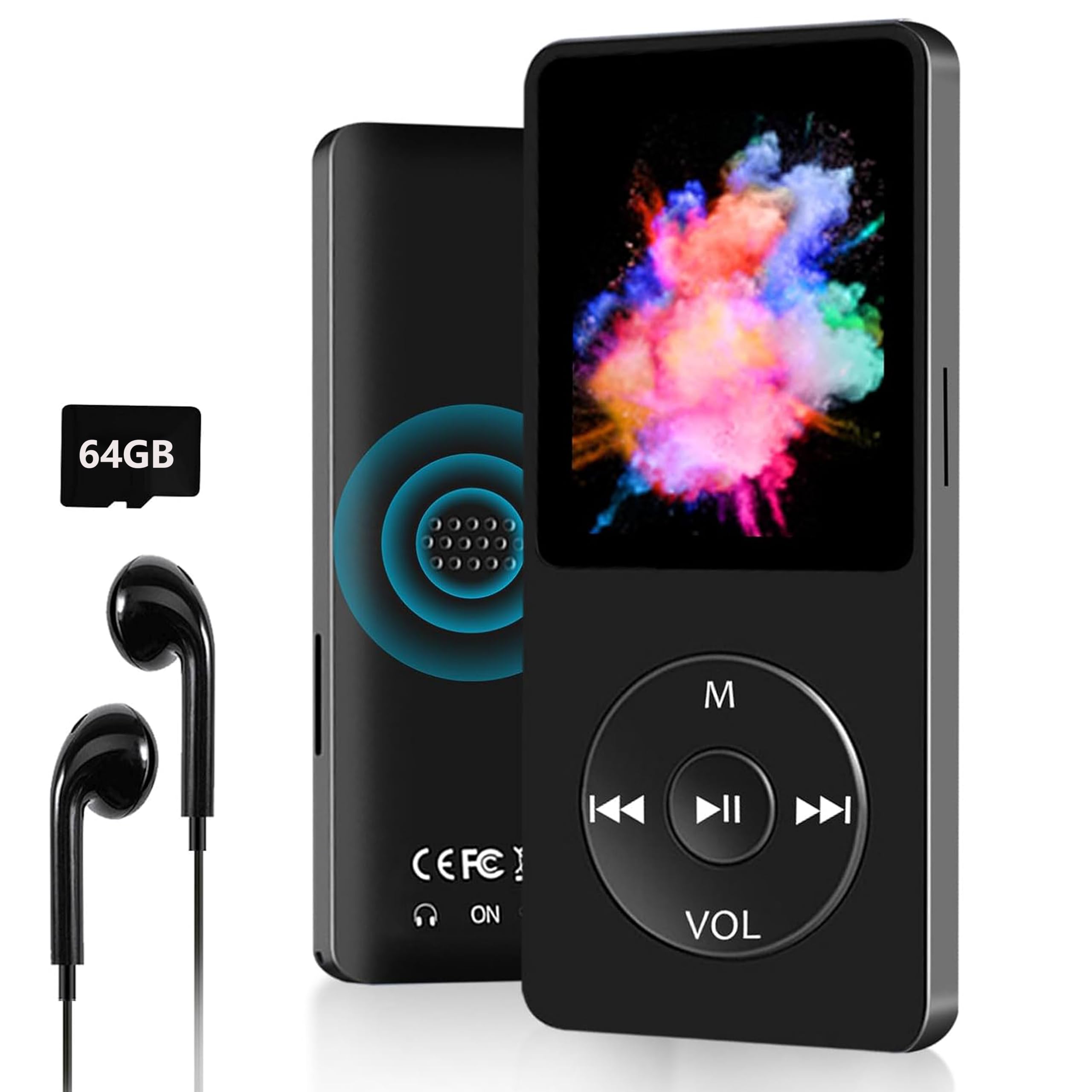 64Go MP3 Bluetooth 5.0 avec Haut-Parleur, Lecteur MP3 en Qualité Sonore HiFi Audio MP4 Baladeur Sport avec Écouteurs, Volume Indépendant, Radio FM, Enregistreur Vocal, Prend en Charge Jusqu'à 128 Go