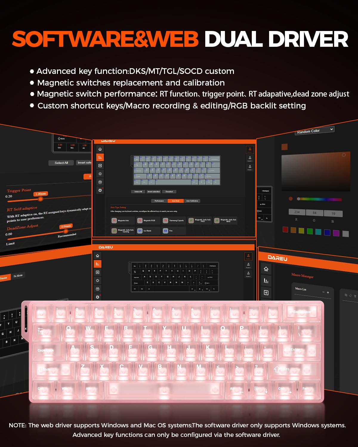 DAREU COOL60 klawiatura mechaniczna dla graczy 8K Hz Rapid Trigger, 60% z przezroczystymi klawiszami, 15 trybów RGB, precyzja RT 0,01 mm, regulowany skok klawiszy do komputerów PC/Mac (różowa)