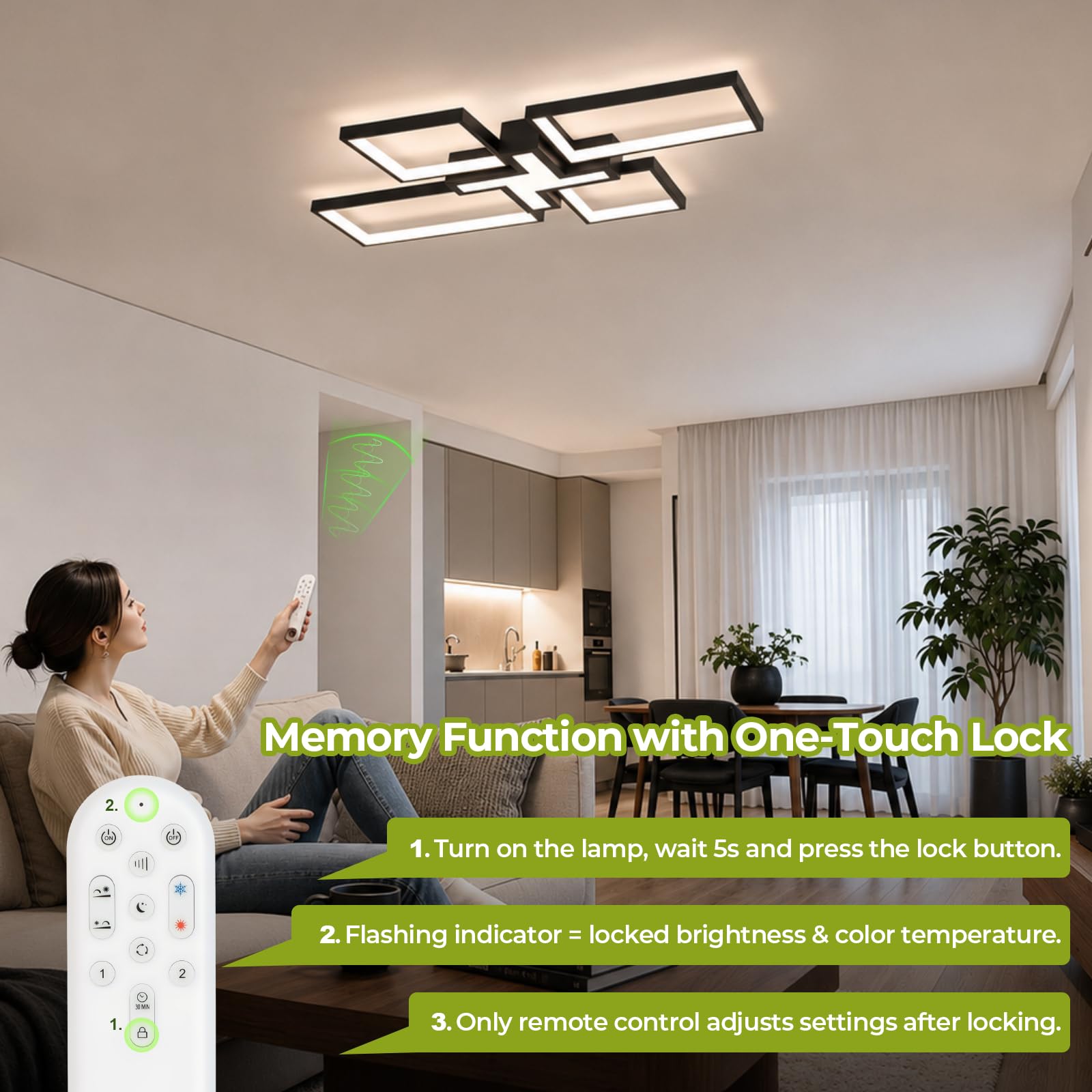OTREN Plafoniera LED Soffitto Dimmerabile, 82CM 60W Lampadario Camera da Letto con Telecomando 3000K-6500K, Moderno Lampada Soffitto per Soggiorno Cucina, Nero