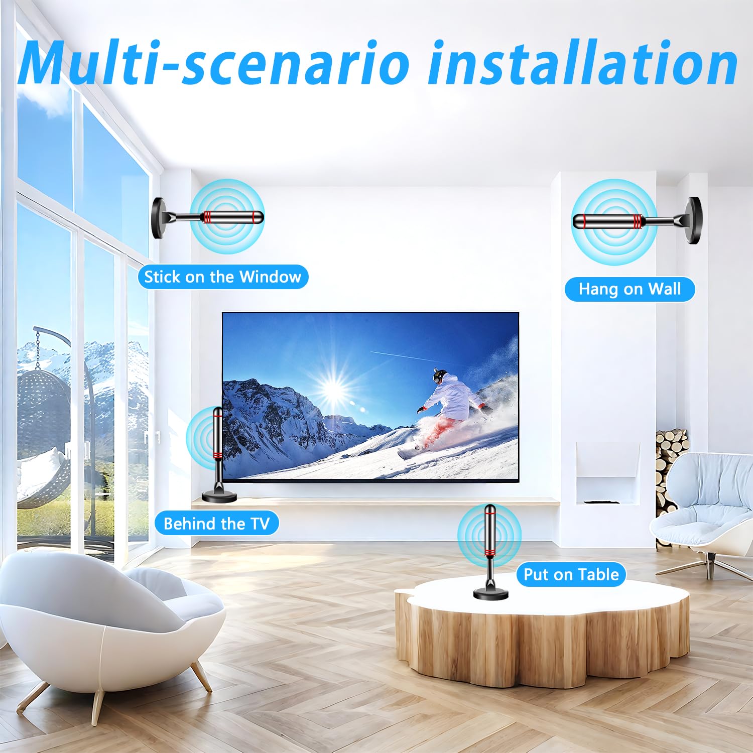Antena de TV para Smart TV interior, antena de TV digital 2024 para interiores con base magnética fuerte 360° y recepción de largo alcance para canales locales, antena de fácil instalación para TV sin