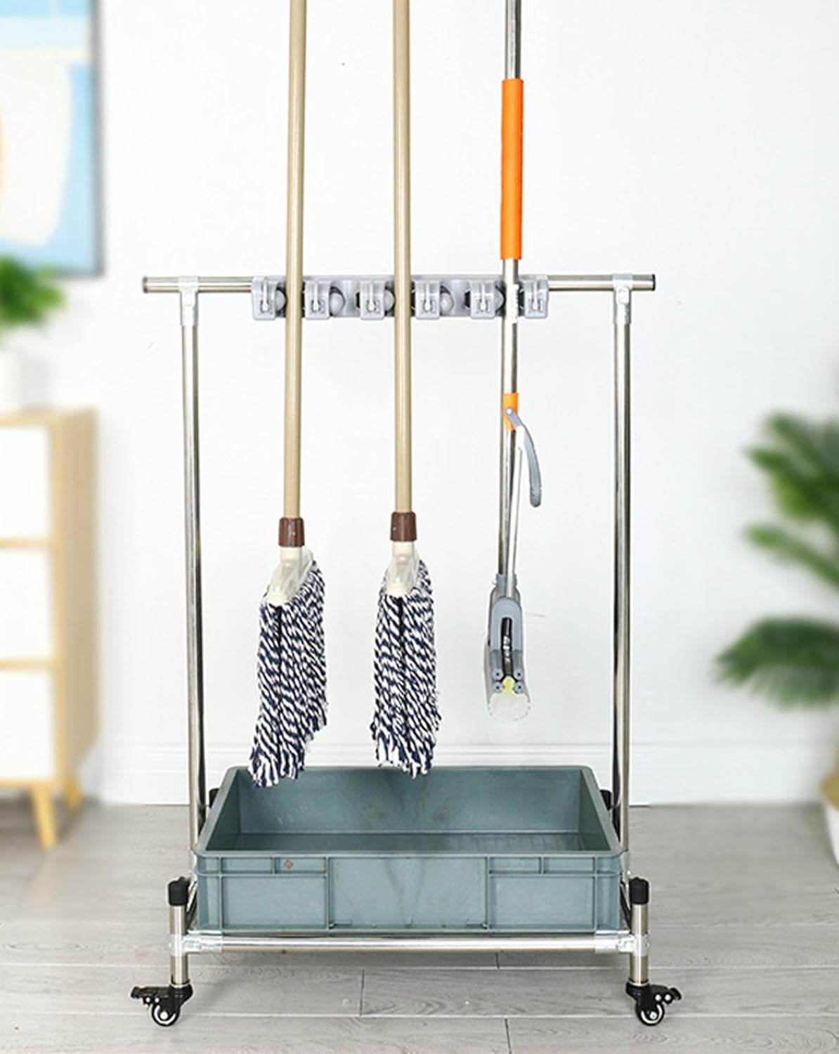 Mop Movable Broom Mop Holder Row Hanging Design Floor Mop Rack Tool Storage Rack with Hook Professional,with 360° Wheel (6 Hangers 8 Hooks)