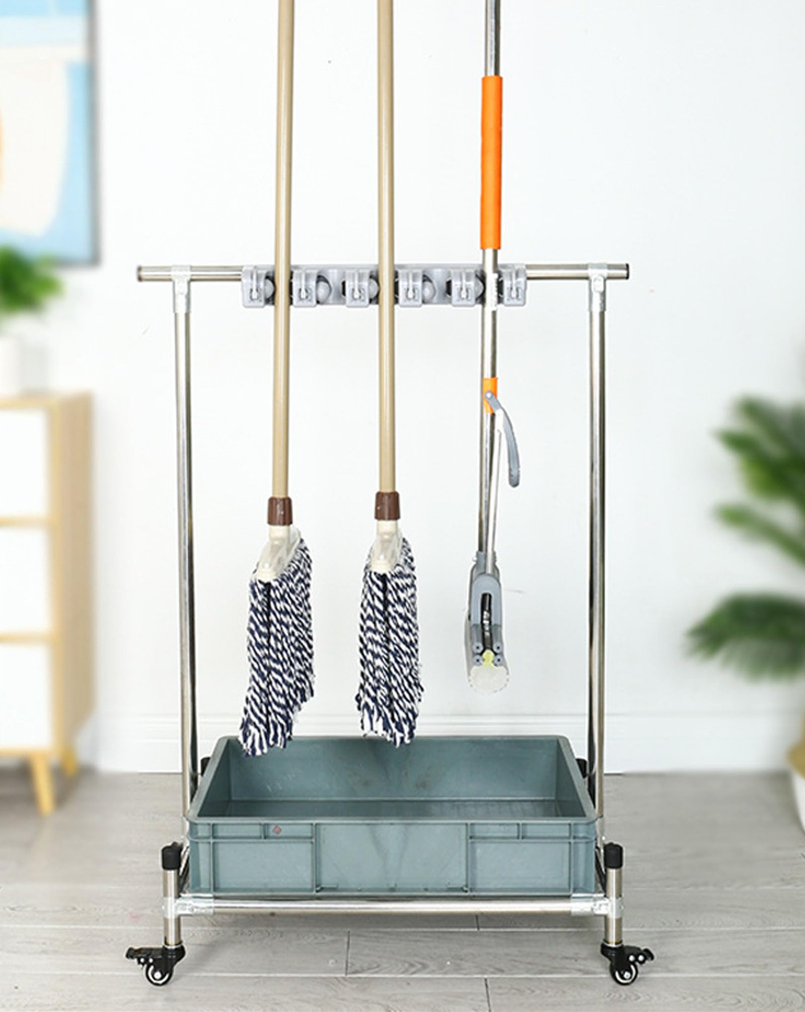 Soporte Móvil para Escobas Y Fregonas, Diseño De Fila para Colgar Fregonas, Estante para Herramientas con Gancho, Profesional, con Ruedas De 360°, 5 Perchas, 6 Ganchos, 6 Perchas, 8 Ganchos.