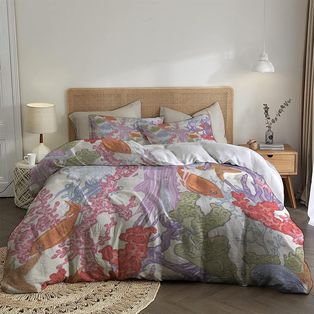 NIBAINLO 布団カバークラゲと魚のヴィンテージ海夏テーマ 肌に優しい ピーチスキン加工 掛け布団カバー 和式 洋式 あったか 布団カバーセット リバーシブル ホームステイ ホテル 家庭兼用