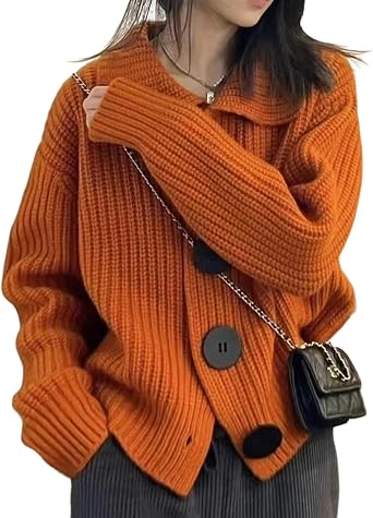 TEidea Women's Jumpers Women's Jumpers Loose Big Button Knit Cardigan Ladies Sweater Warm Autumn Winter Coat-Orange-One Size