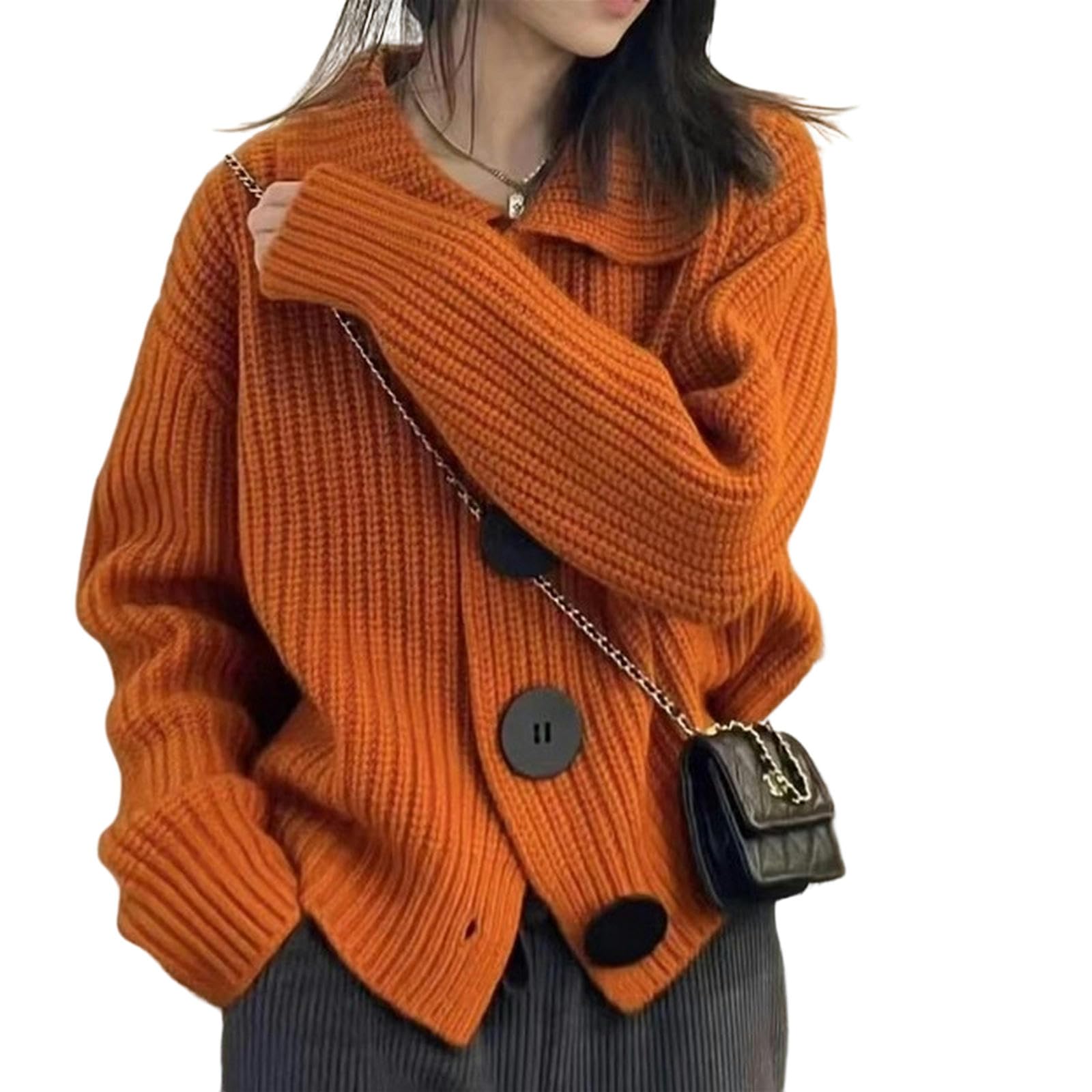 TEidea Women's Jumpers Women's Jumpers Loose Big Button Knit Cardigan Ladies Sweater Warm Autumn Winter Coat-Orange-One Size