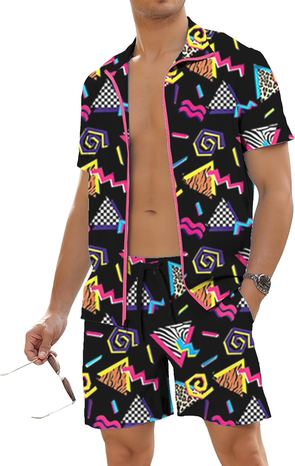 UOUA 80s Outfit for Men 90s Color Block Costumes 2 Piece Retro Short Sleeve Jacket & Shorts Set for Party