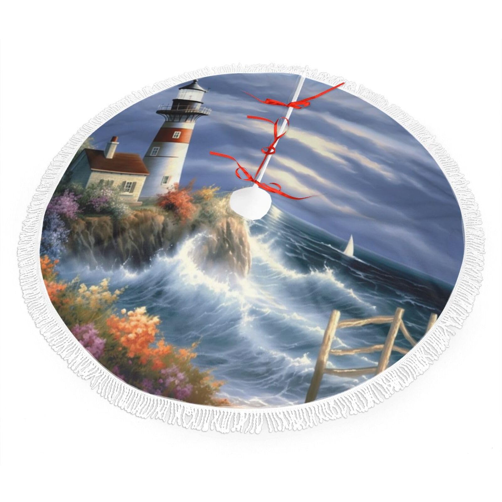 Lighthouse Diamond Painting Christmas Tree Skirt 36", Soft Plush Xmas Tree Carpet with Tassel Christmas Ornaments Winter Holiday Tree Mat Decoration for Home Party Supplies
