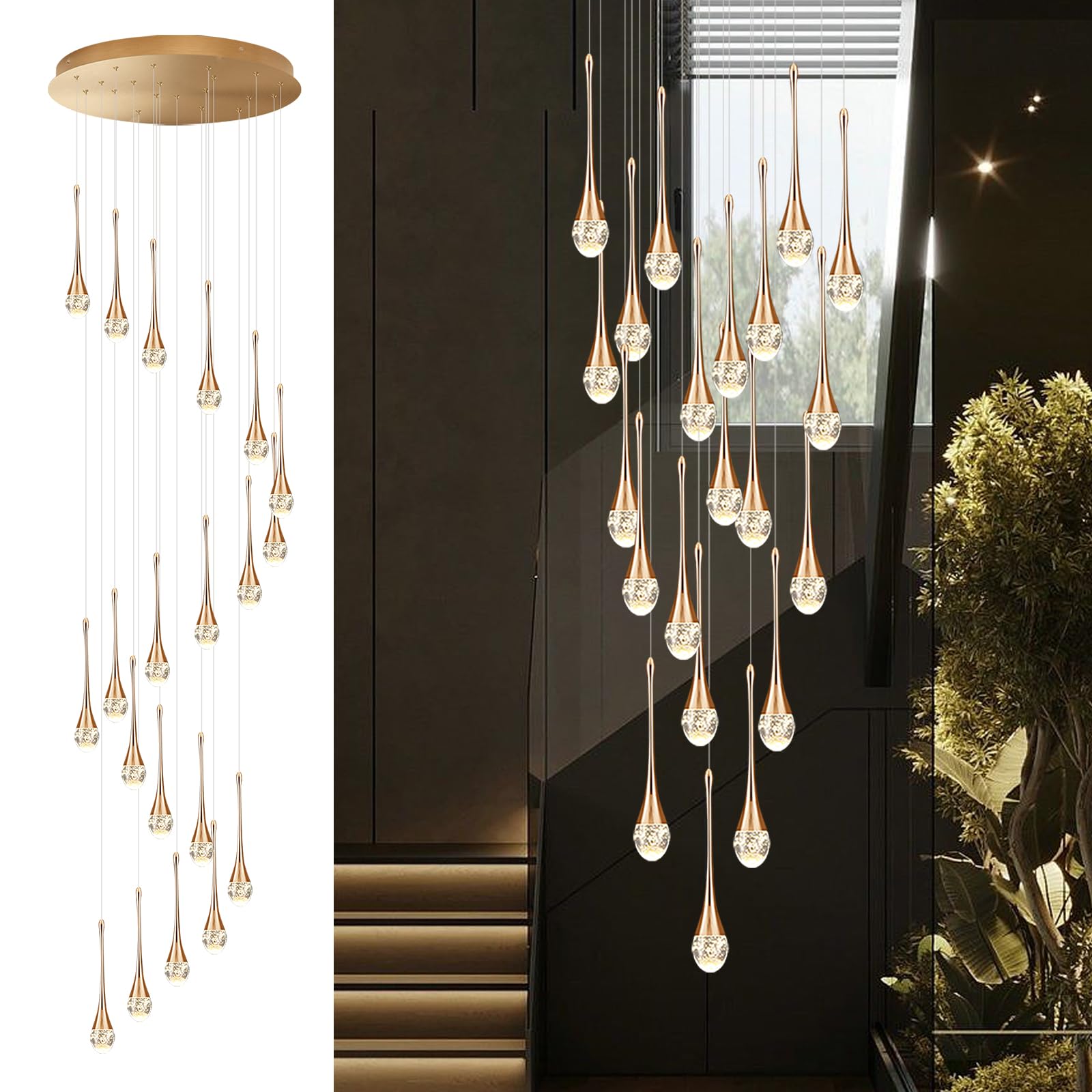PCXEHUYP Modern Crystal Chandelier with Adjustable Water Droplet Design t for Staircases Duplex Villas and More 20 Lights