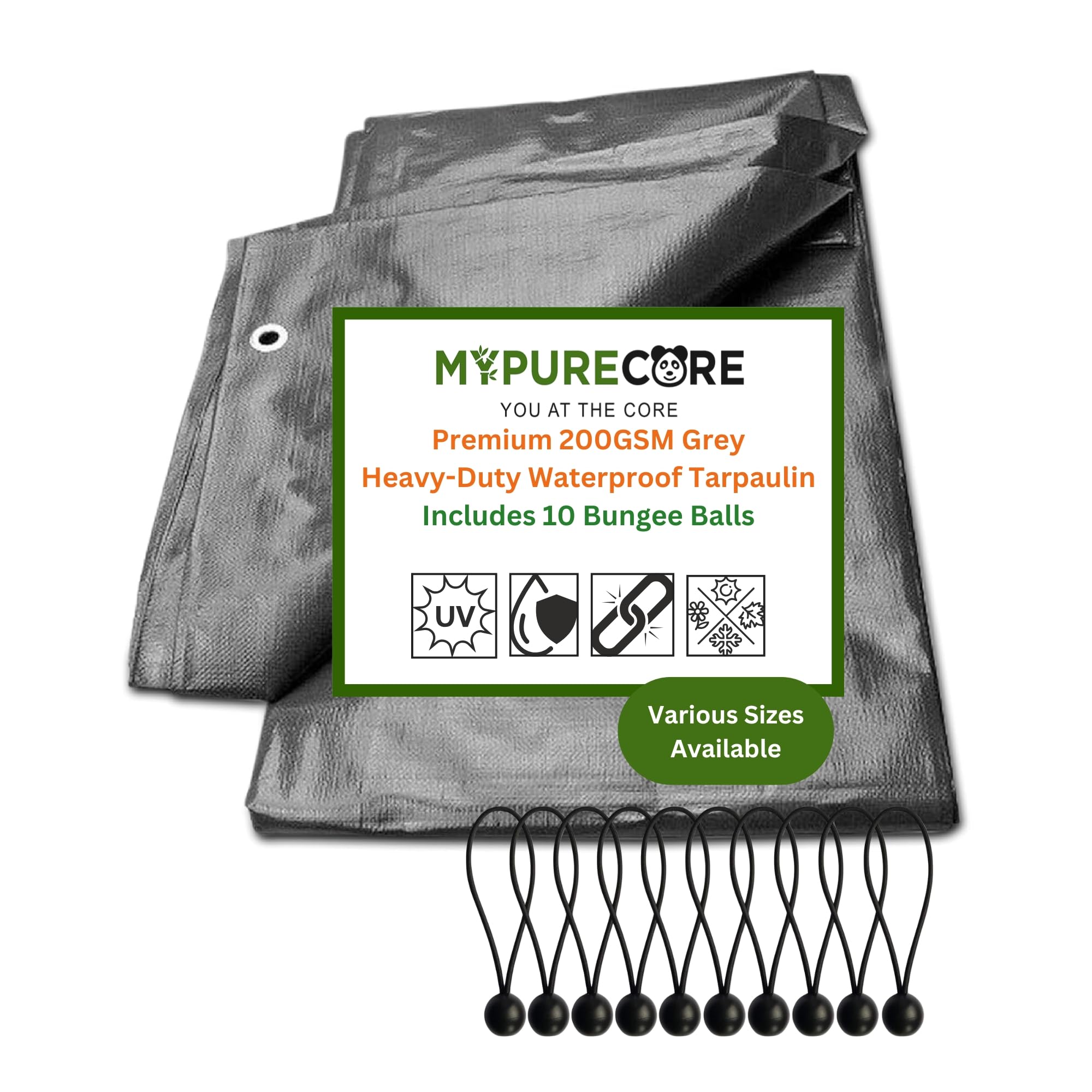 MYPURECORE Grey Heavy-Duty Waterproof Tarpaulin 200 GSM with 10 Bungee Balls – UV & Weather Resistant Tarp for Garden, Camping Groundsheet, Car, Trailer & Outdoor Use (2m x 4m)