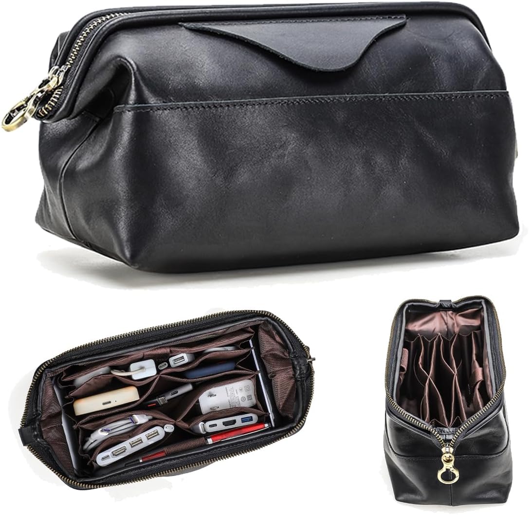 CONTACTS Full Grain Leather Electronics Organizer Travel Cable Storage Bag with Structured Opening, Multi-Pocket Tech Accessories Pouch for Cords, Chargers (Black)