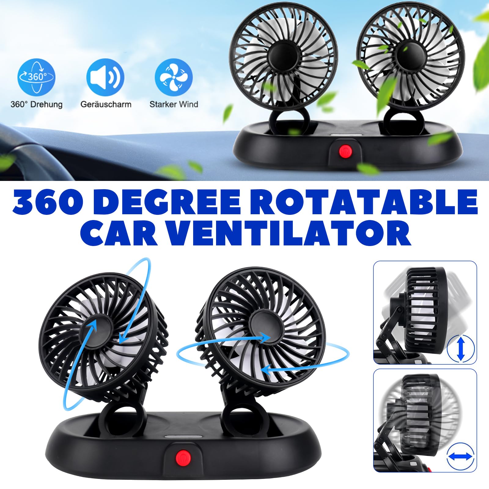 Ventilateur De Voiture, Ventilateur Voiture, Ventilateur Voiture USB, Ventilateur Double Tête, Rotation À 360°, 3 Modes De Puissance Réglables, Pour Voiture, Van, SUV, RV, Bateau (2-Tête)