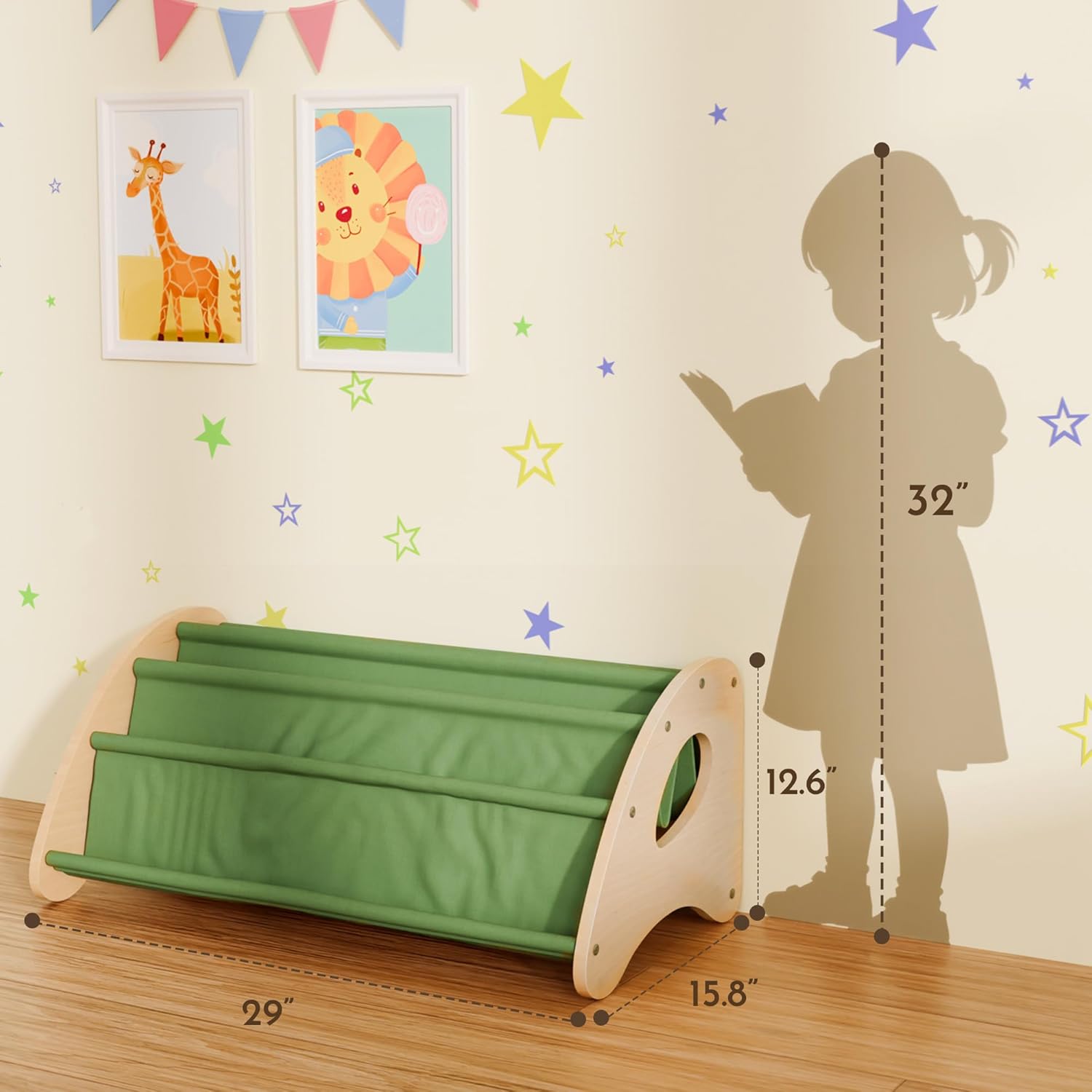 Kids Bookshelf - 4-Tier Montessori Book Shelf for Kids Rooms, Easy Installation, Eco-Friendly Wooden Storage Organizer 28.7” x 15.7” x 13.6”Natural/Green